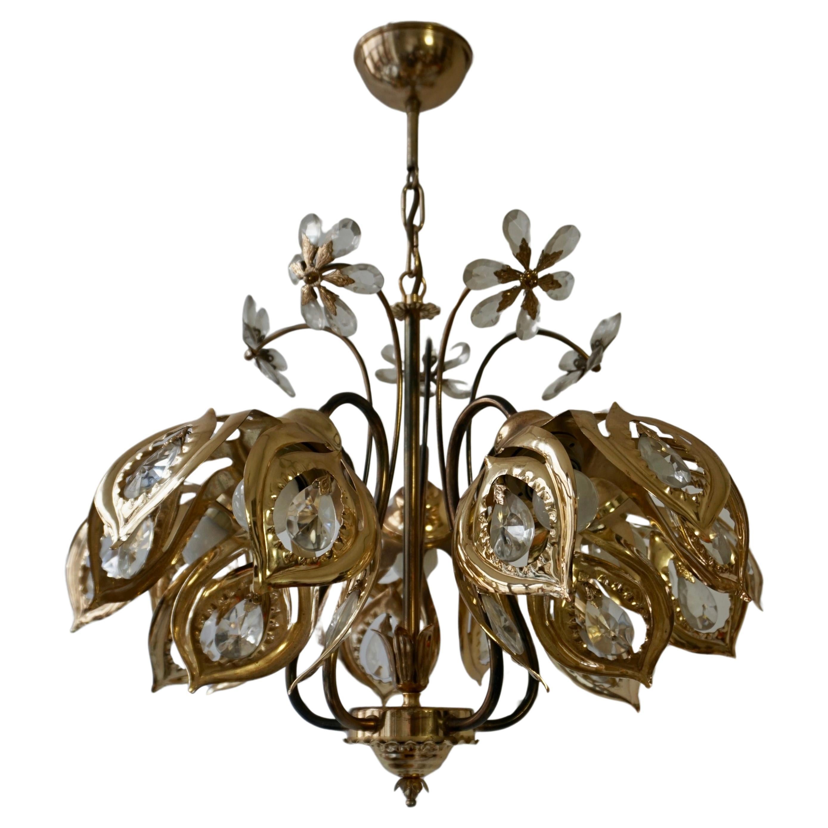 Vintage Brass Gilded Chandelier with Crystal Flowers  For Sale