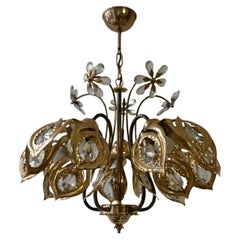 Vintage Brass Gilded Chandelier with Crystal Flowers 
