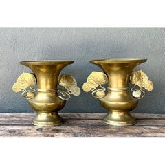 Vintage Brass Ginko Motif Vases - A Pair