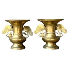 Vintage Brass Ginko Motif Vases - A Pair