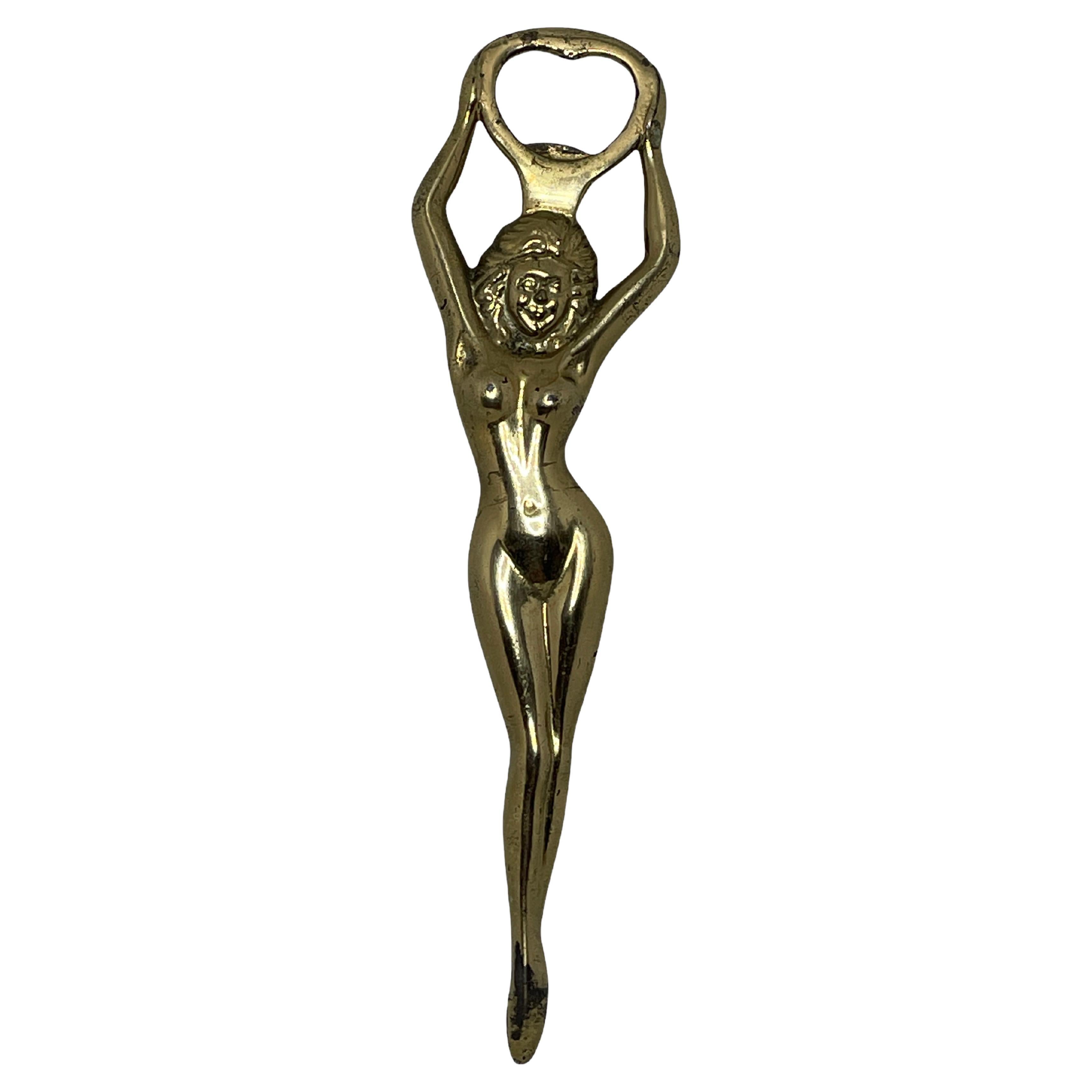 Vintage Brass Nude Girl Bottle Opener MidCentury Modern Metal Breweriana Barware