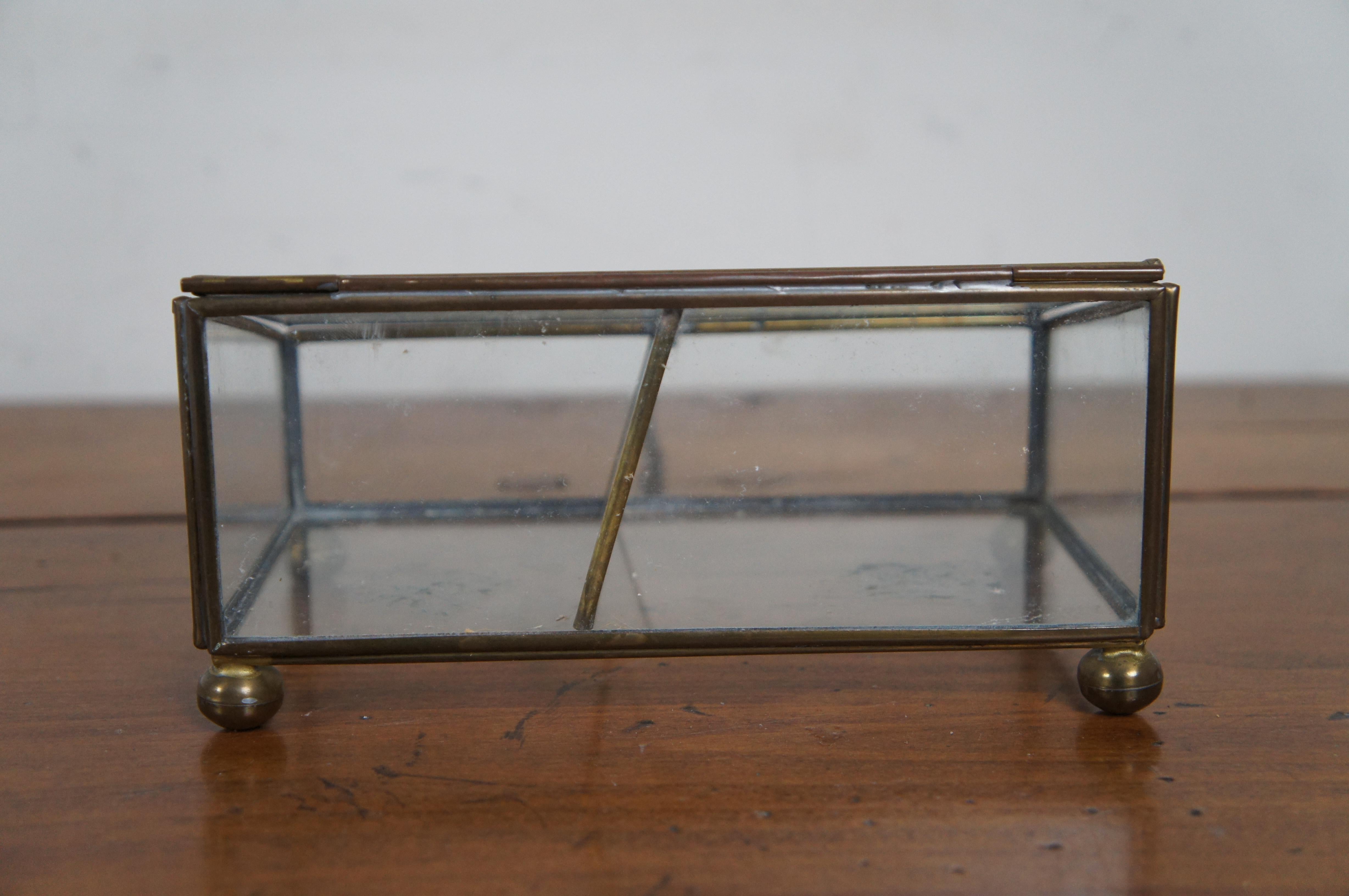 Vintage Brass Glass Divided Casket Keepsake Trinket Display Box Case 6.5