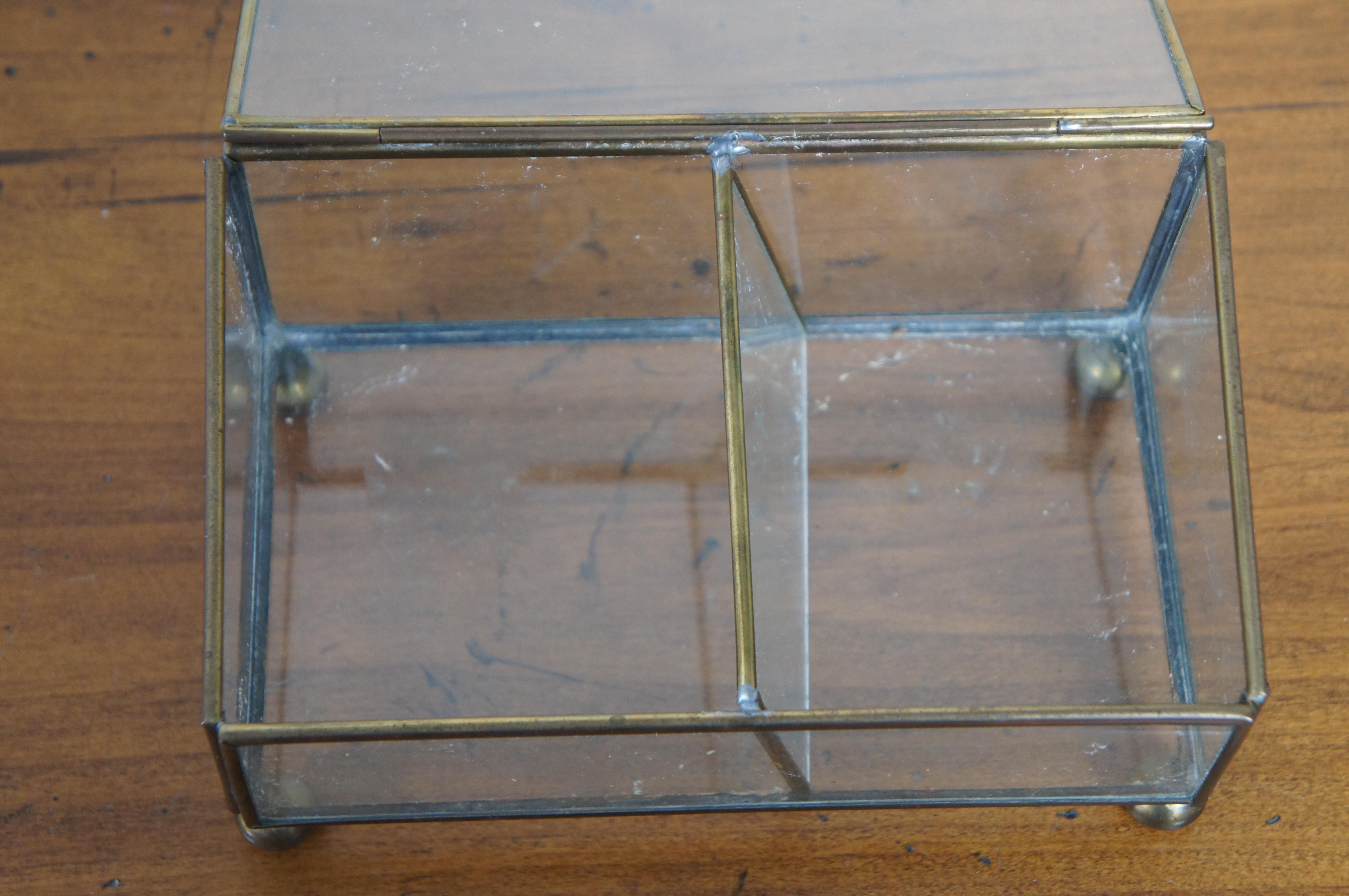 Vintage Brass Glass Divided Casket Keepsake Trinket Display Box Case 6.5