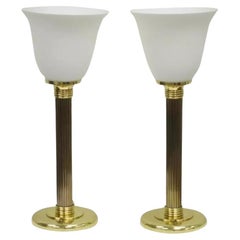 Vintage Brass & Glass Fluted Column Hollywood Regency Empire Table Lamps - Pair