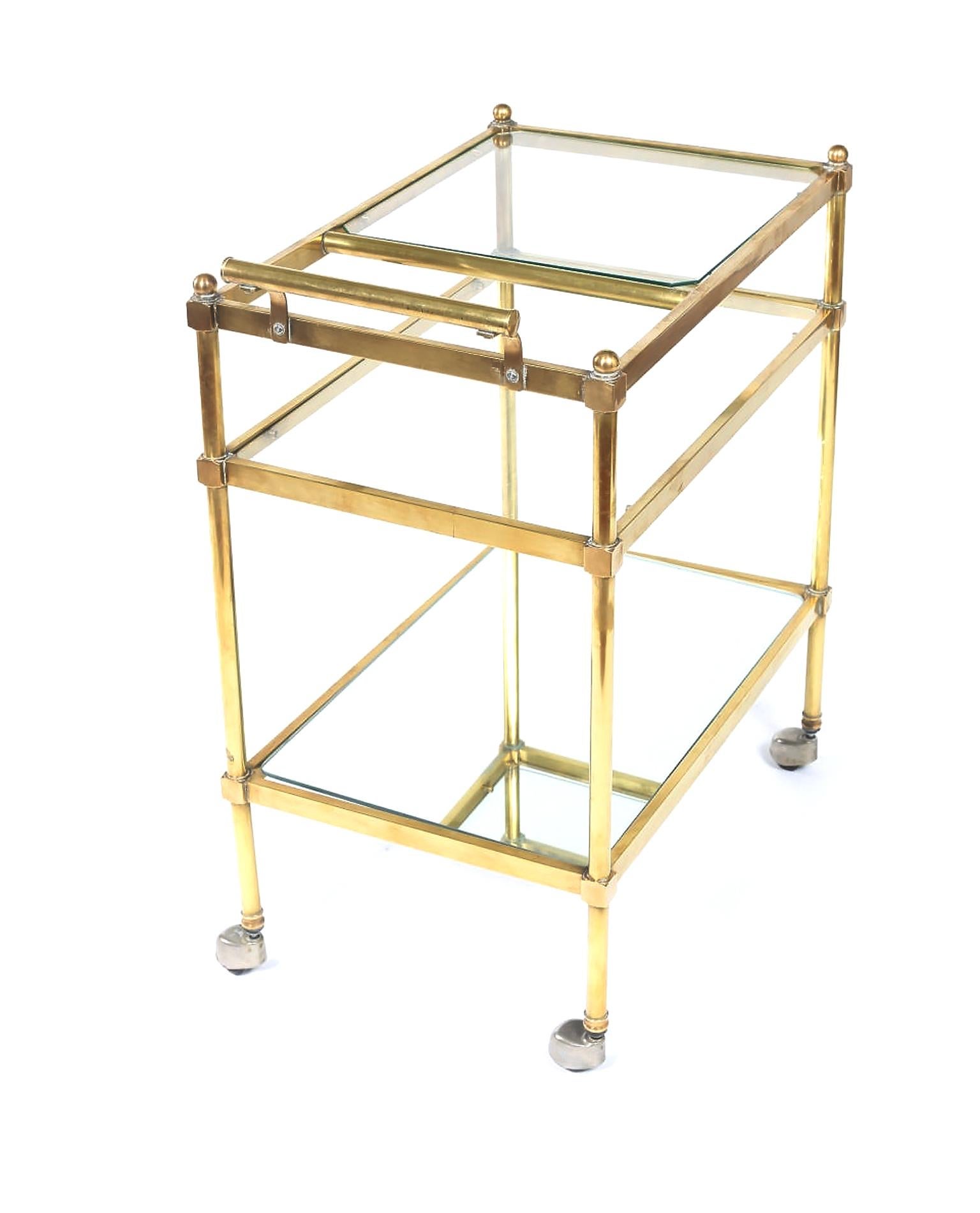 Vintage Brass / Glass Three Tiered Bar Cart  In Good Condition In Tarry Town, NY