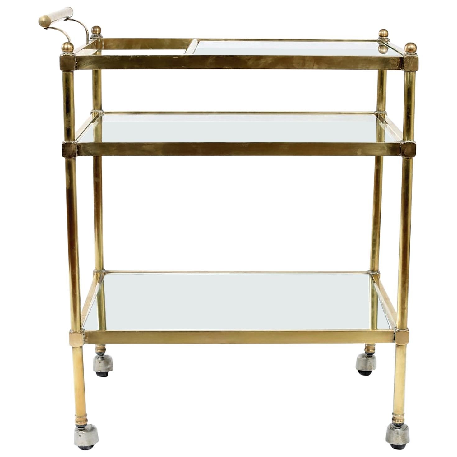 Vintage Brass / Glass Three Tiered Bar Cart 