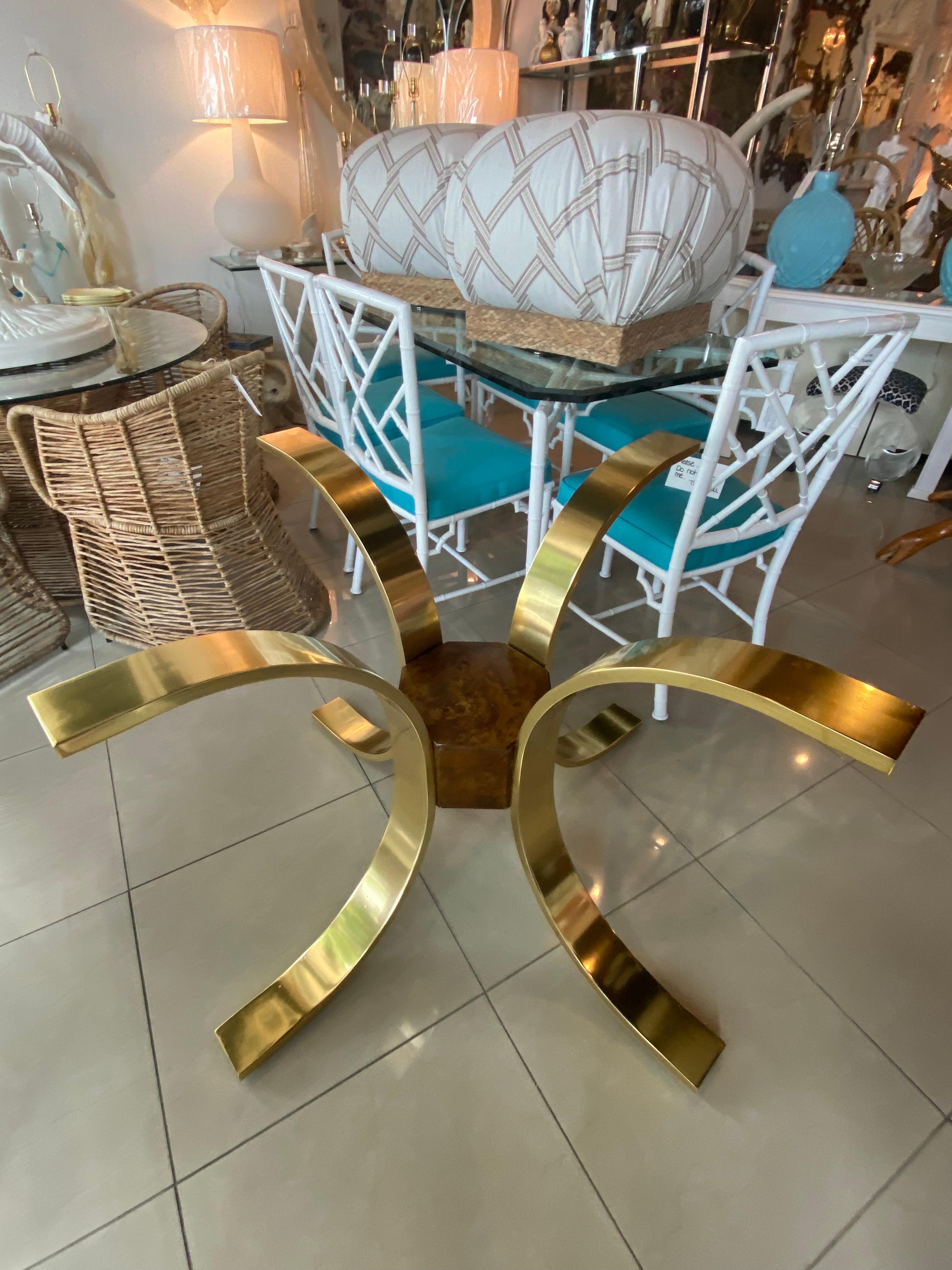 Vintage Brass Gold & Burl Wood Dining Table Center Entry Base For Sale 5