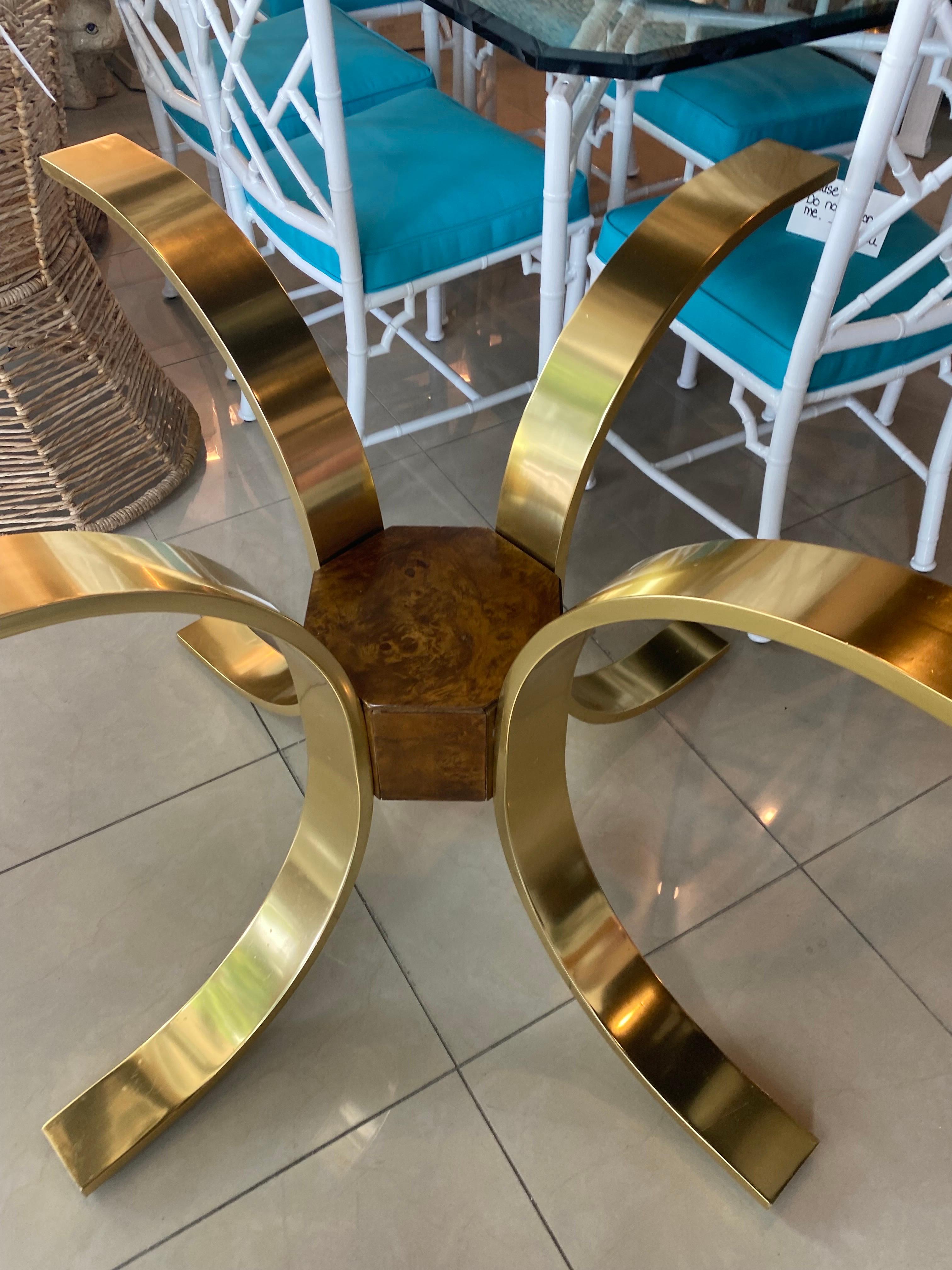 Vintage Mastercraft Brass Gold & Burl Wood Dining Table Center Entry Base For Sale 6