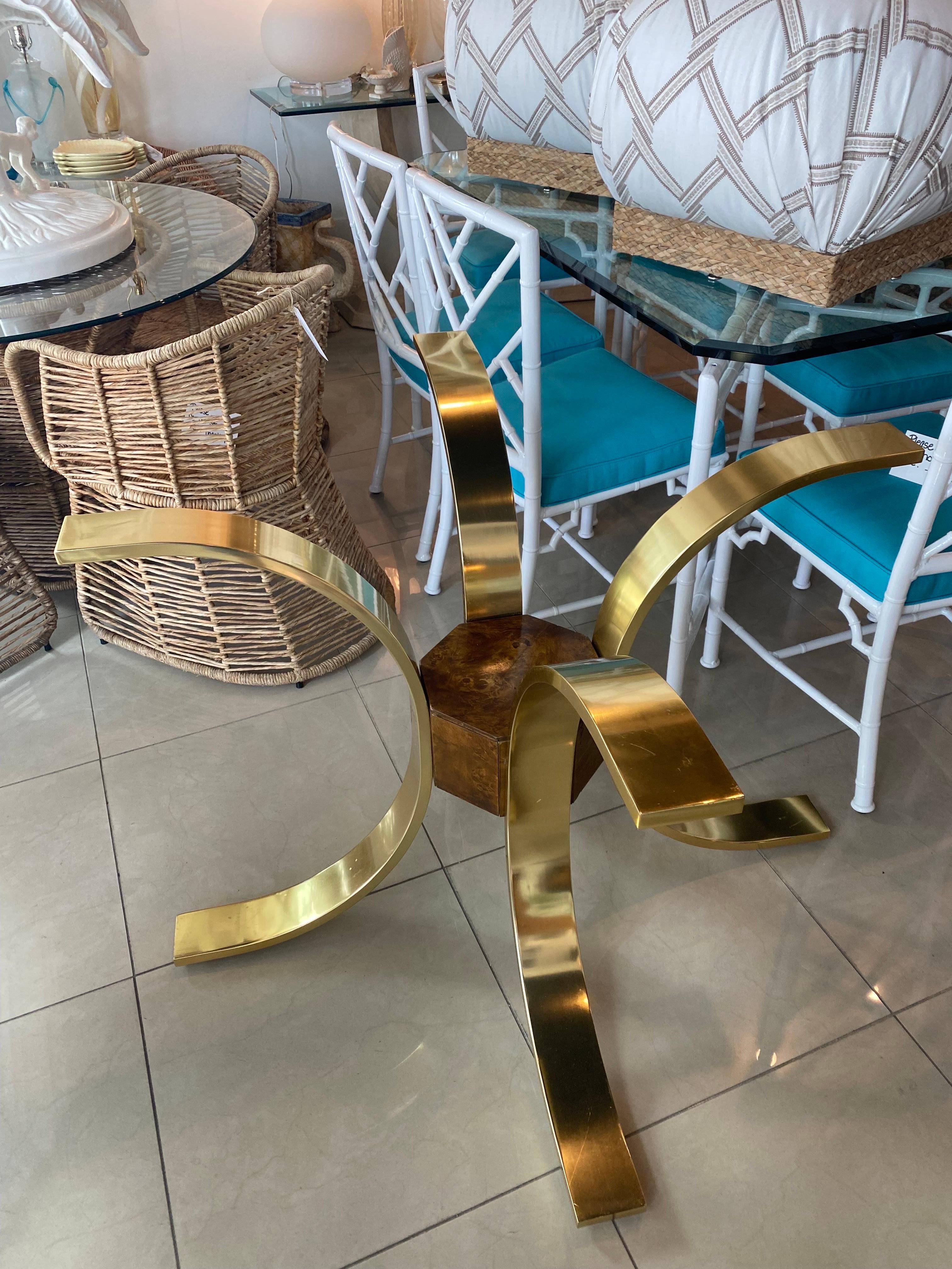 Vintage Mastercraft Burl Wood and Gold Metal Brass. This can be used as a game table, dining table, center. or entry table base. Some surface scratched on metal (pictured) Does not come with glass top. You can top this with whatever top you like:
