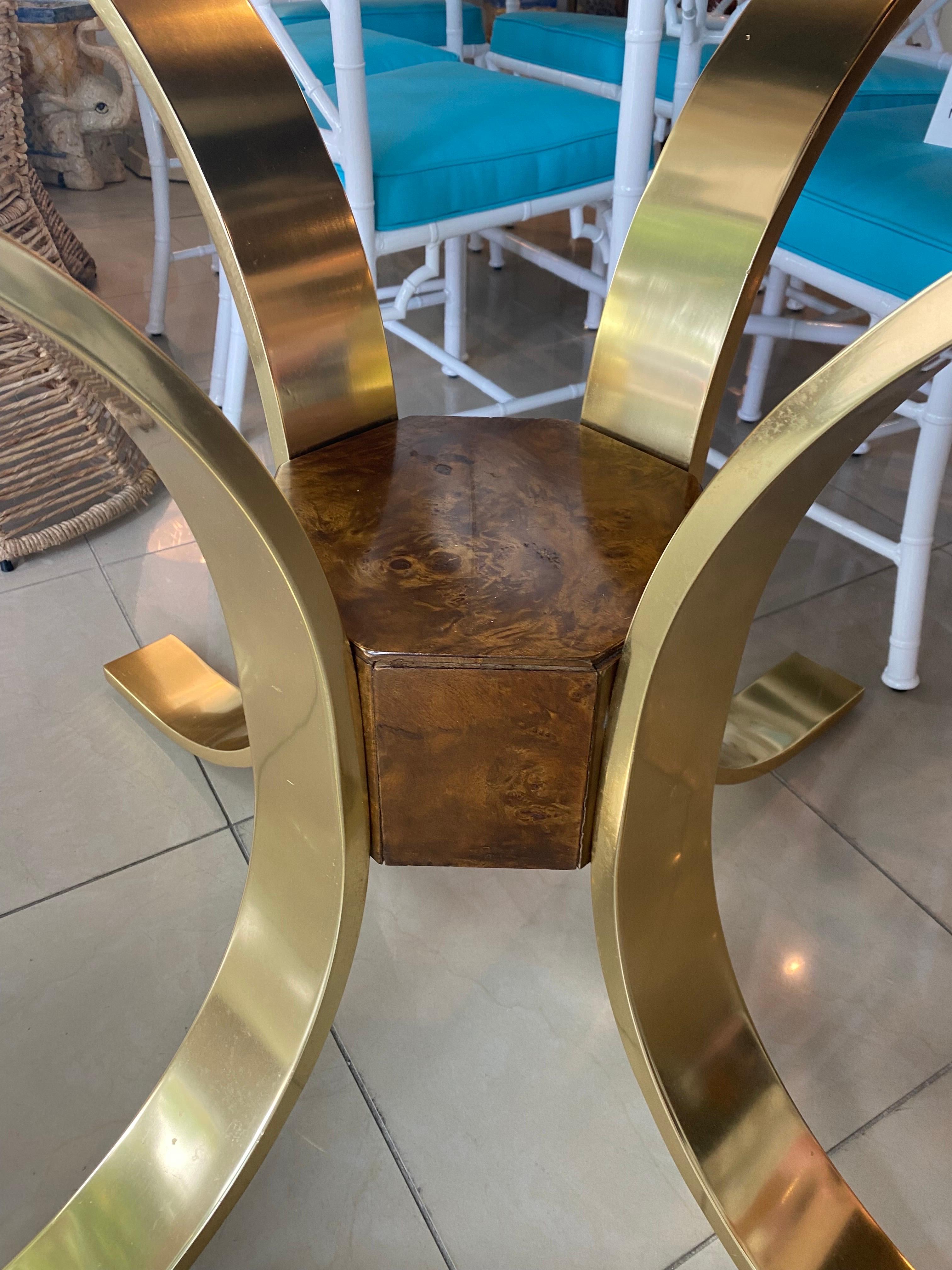 Vintage Brass Gold & Burl Wood Dining Table Center Entry Base In Good Condition For Sale In West Palm Beach, FL