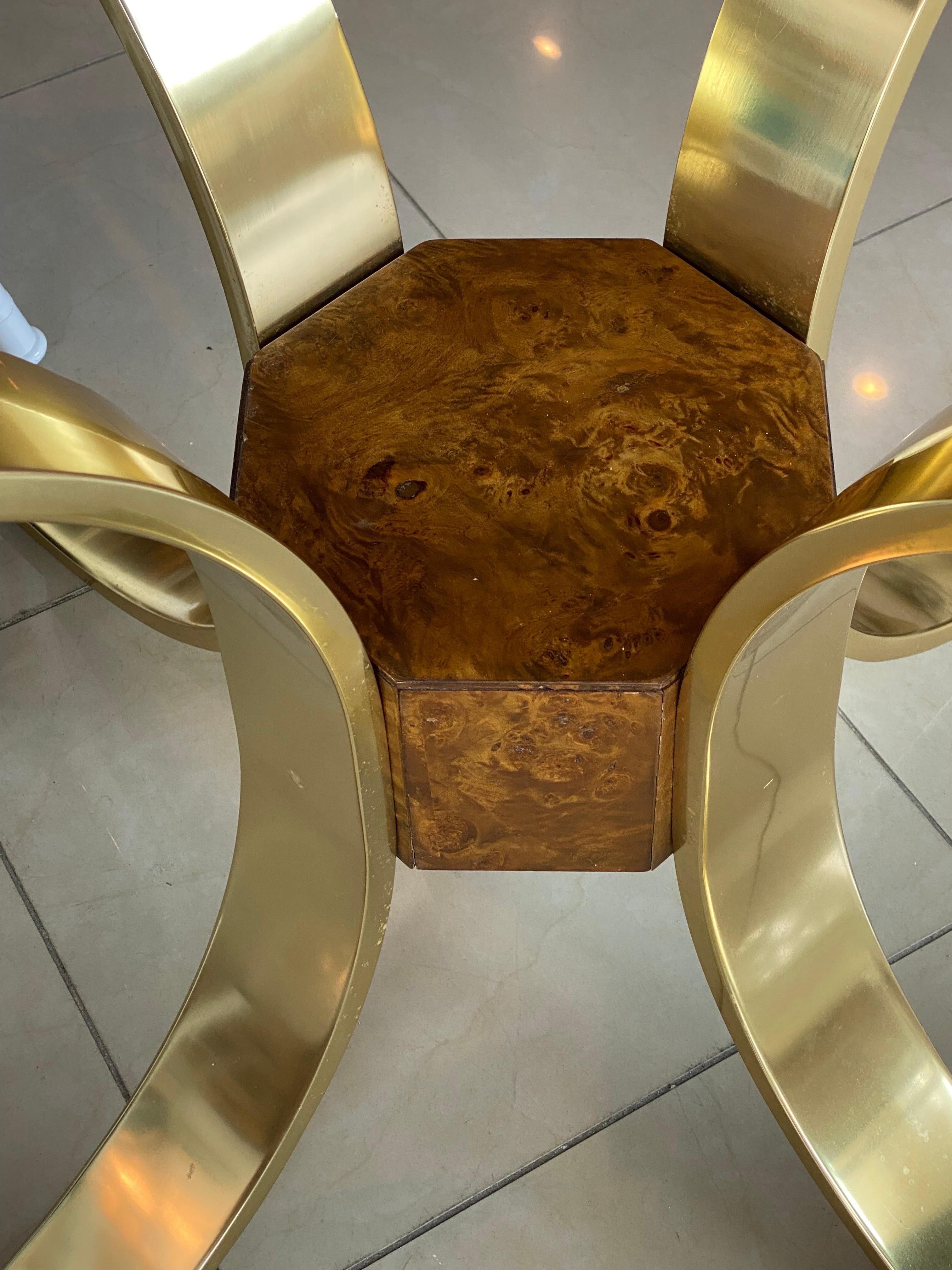 Vintage Mastercraft Brass Gold & Burl Wood Dining Table Center Entry Base For Sale 2