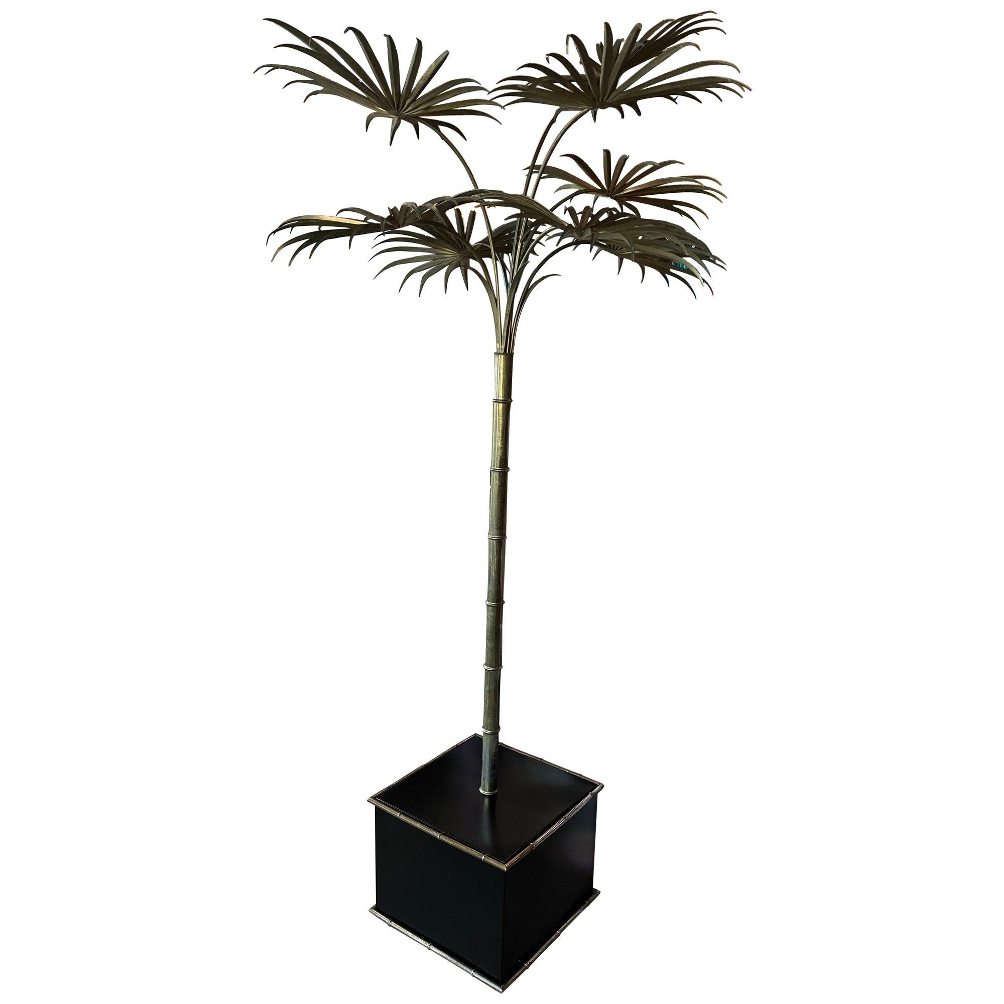 Vintage Messing Gold italienischen Tole Metall Palme Topf Statue Faux Bambus Pflanze