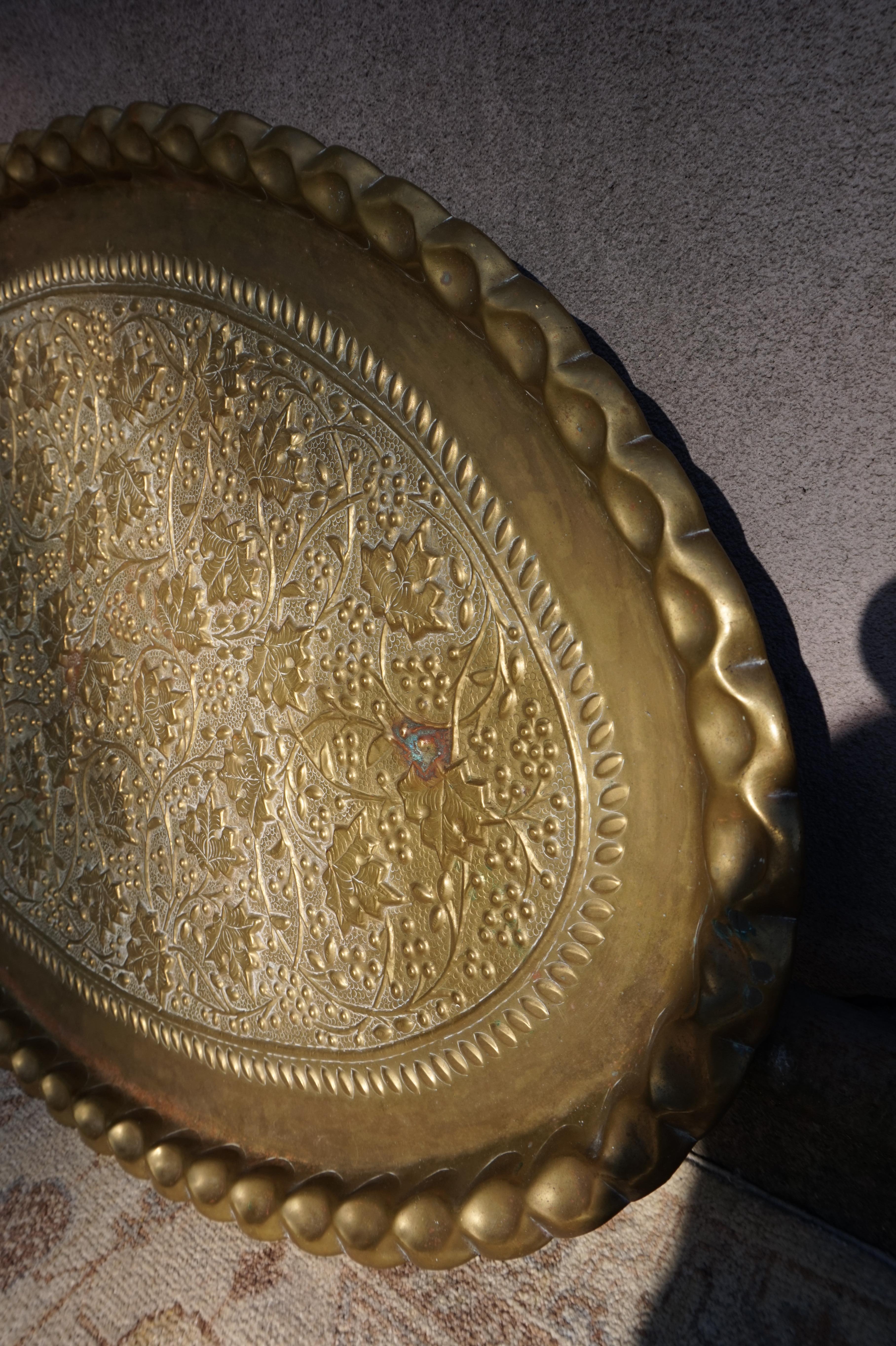 Indian Vintage Brass Hand Engraved British India Floral Extra Large Serving Platter For Sale