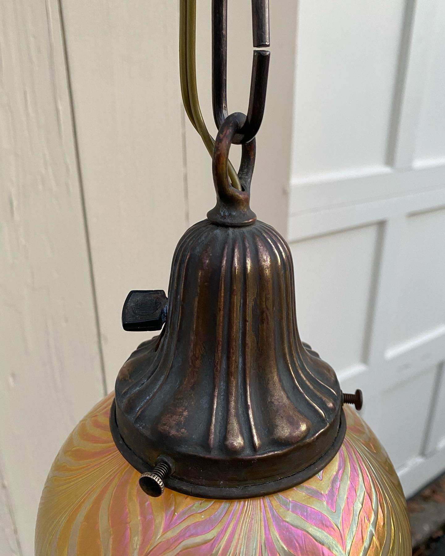 American Vintage Brass Hanging Fixture with Art Glass Shade For Sale