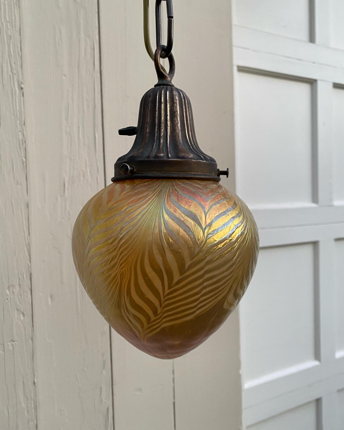 Vintage Brass Hanging Fixture with Art Glass Shade In Good Condition For Sale In Farmington, CT