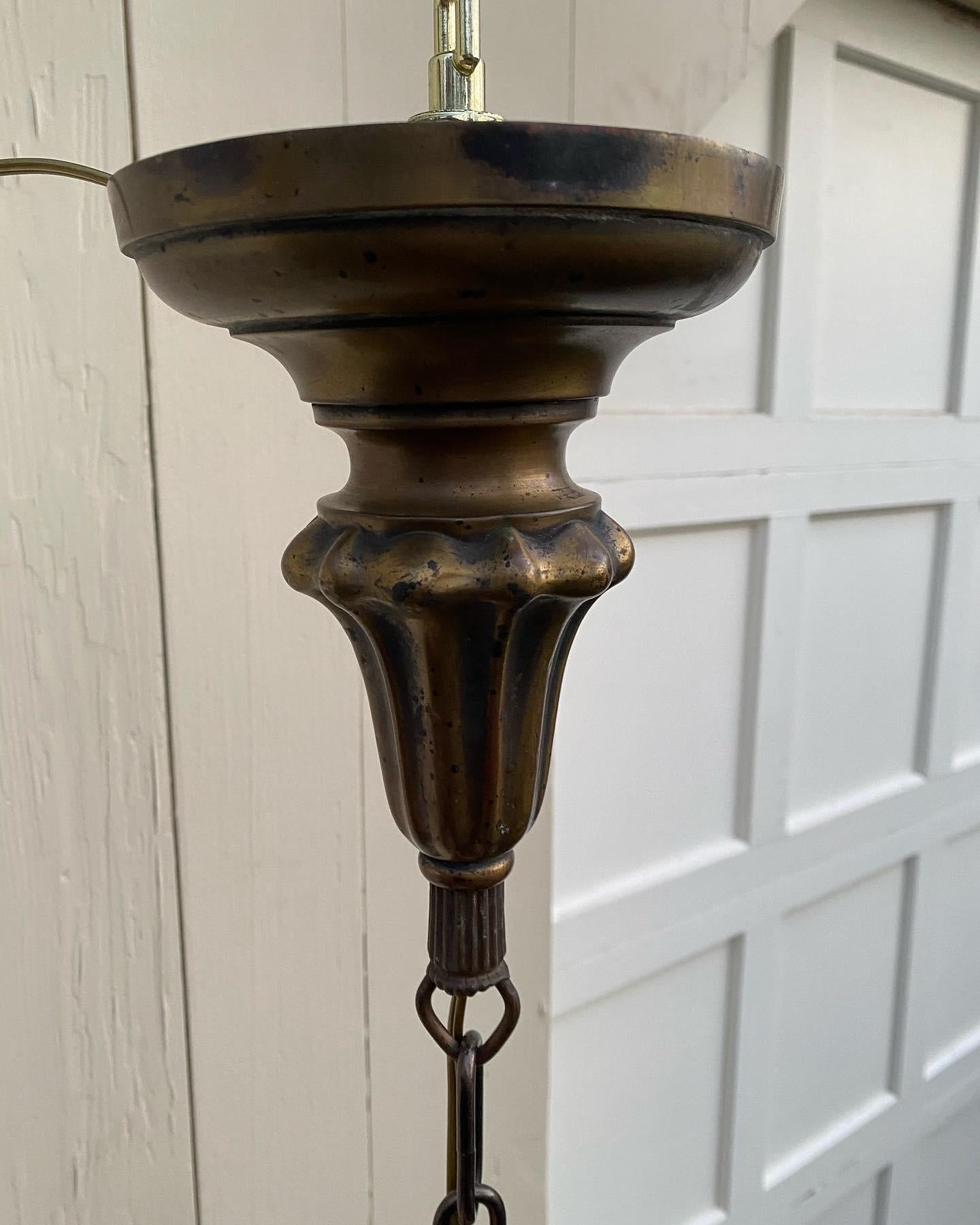 Early 20th Century Vintage Brass Hanging Fixture with Art Glass Shade For Sale