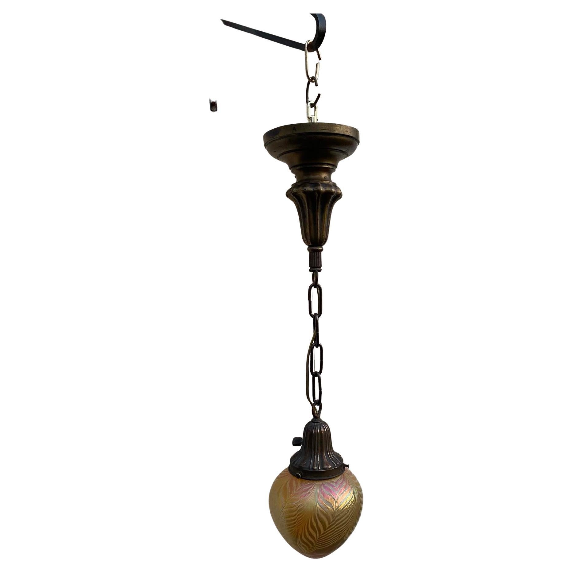 Vintage Brass Hanging Fixture with Art Glass Shade For Sale