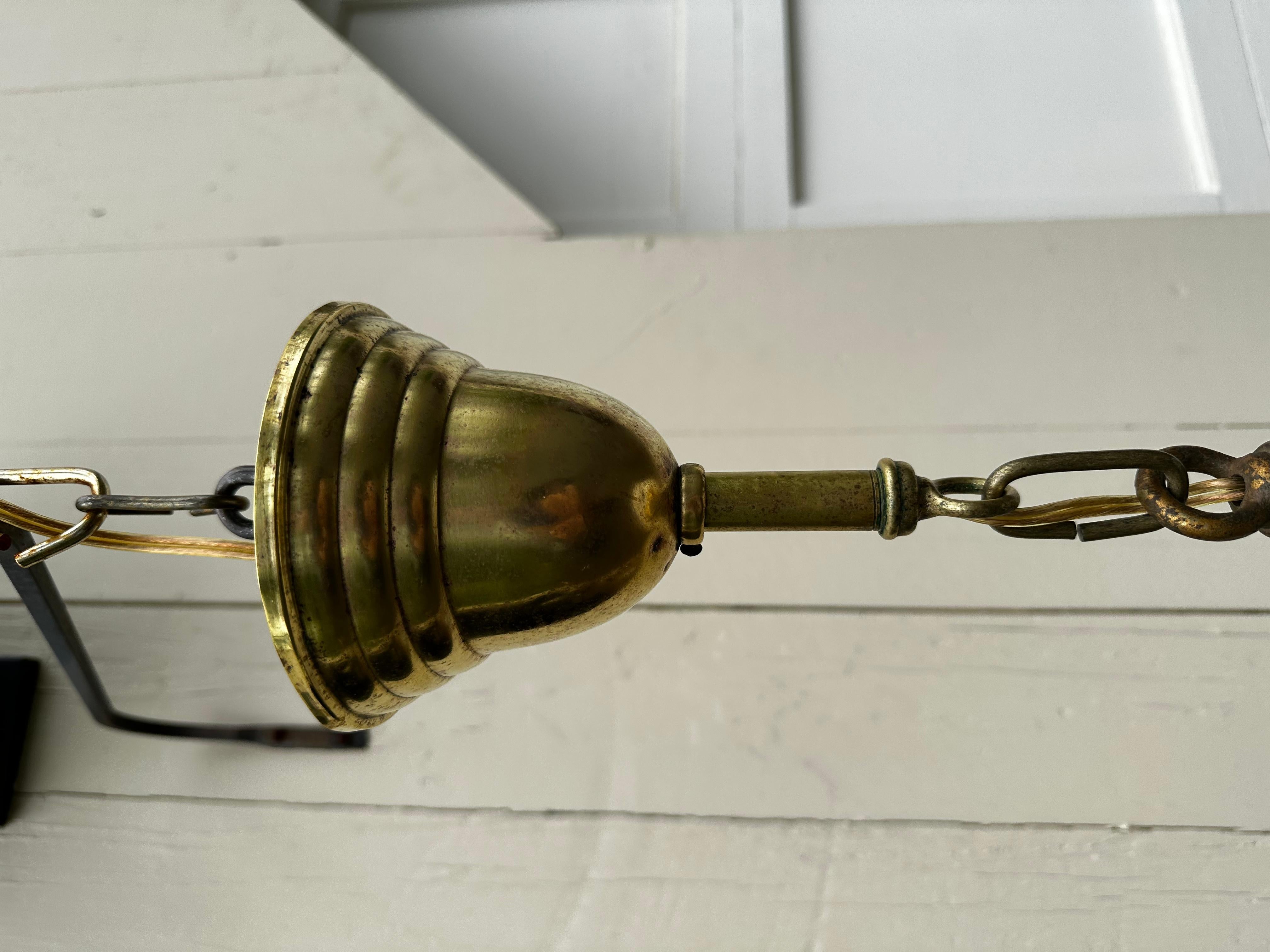 American Vintage Brass Hanging Fixture with Vintage Shade For Sale