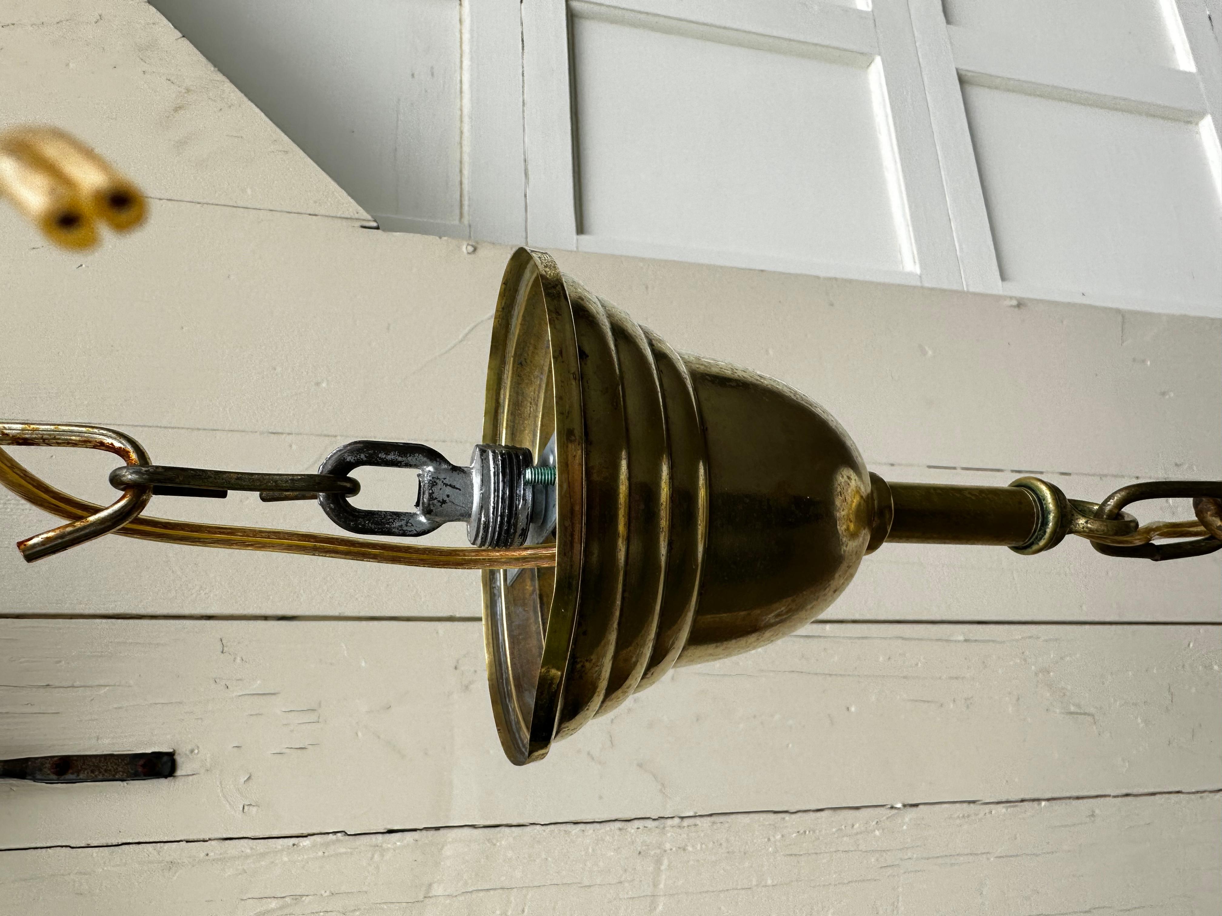 Vintage Brass Hanging Fixture with Vintage Shade In Good Condition For Sale In Farmington, CT