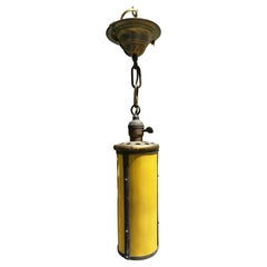 Antique Brass Hanging Fixture with Vintage Yellow Glass Cylinder Shade