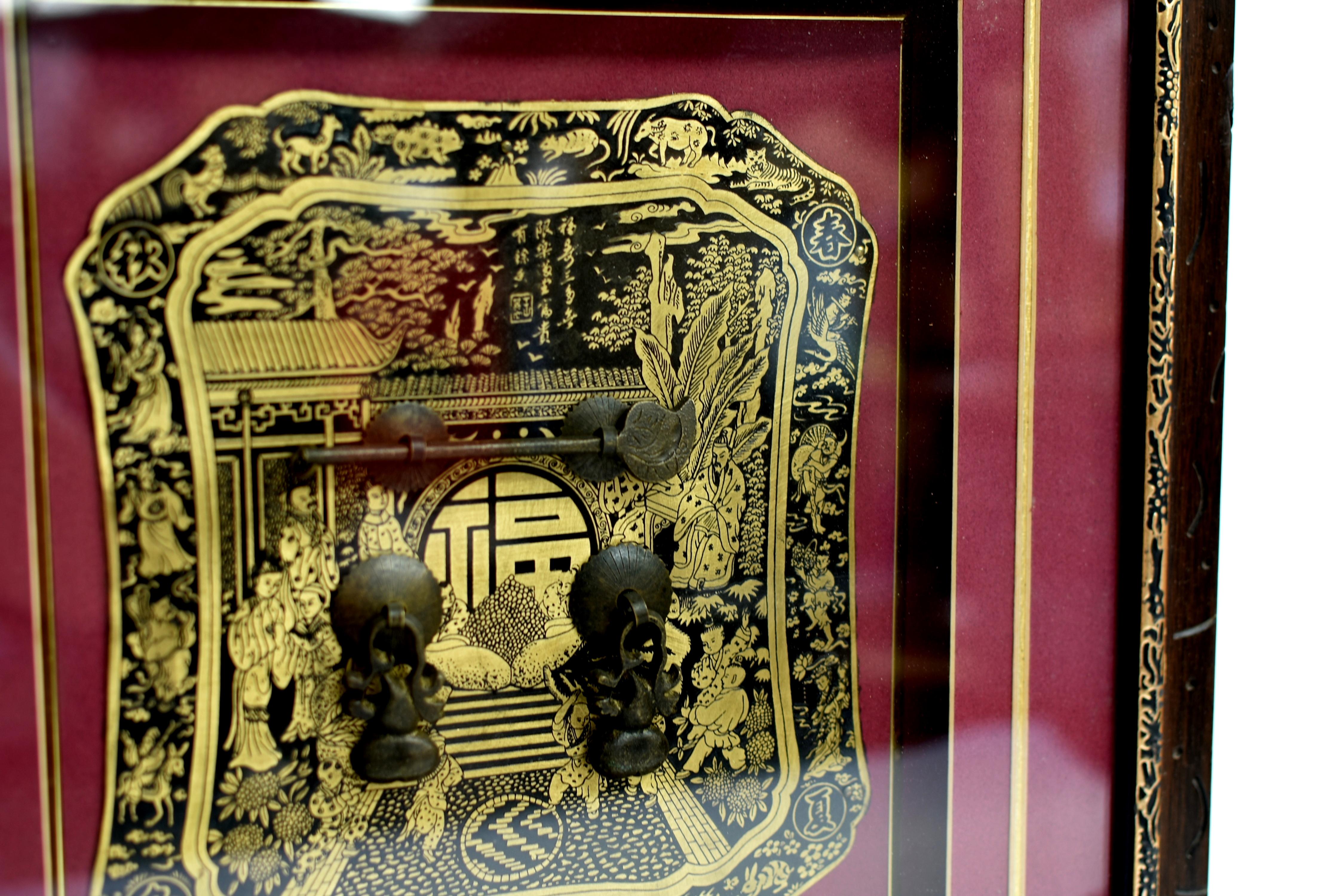 Vintage Brass Hardware Chinese Good Fortune Shadow Box In Good Condition For Sale In Somis, CA