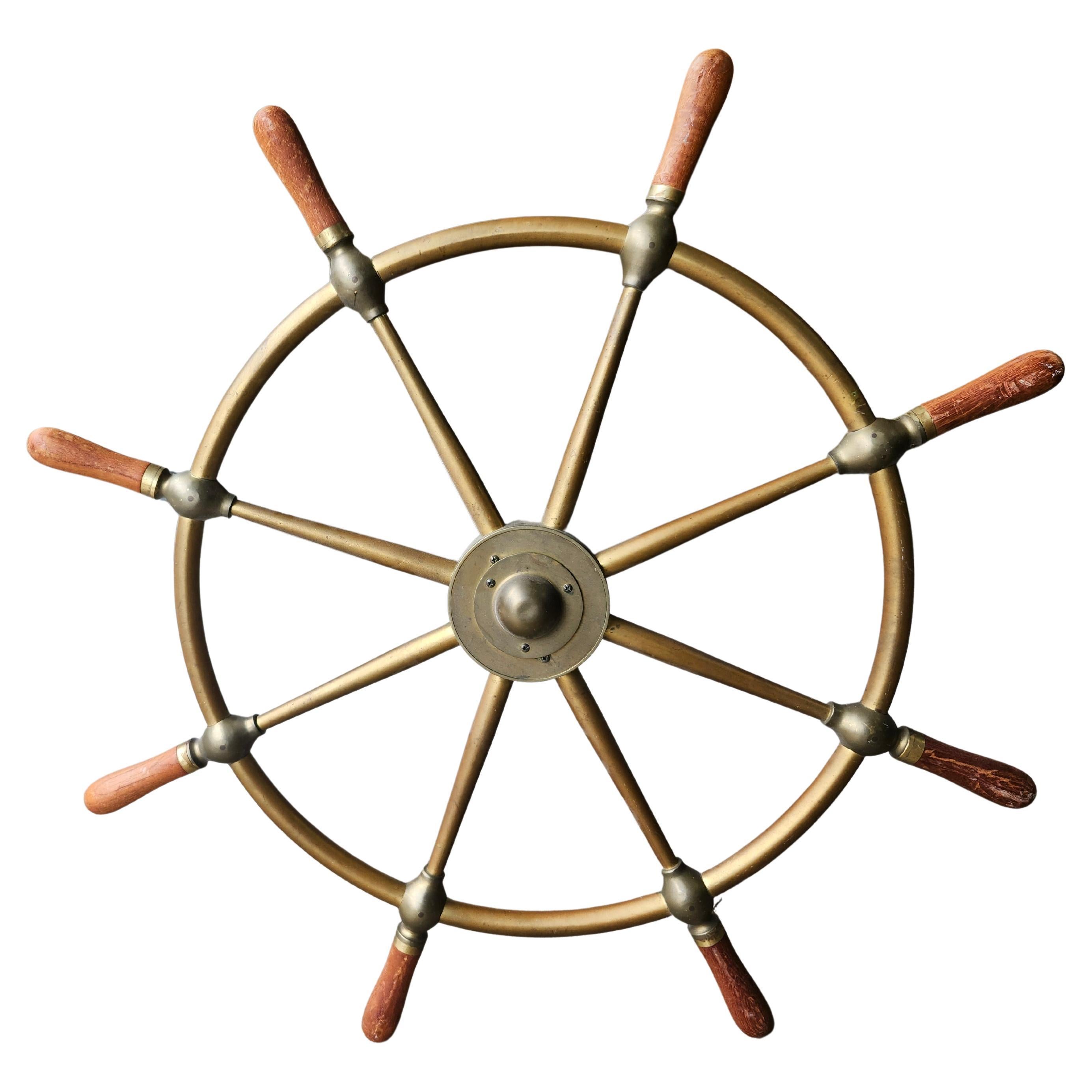 Roue de bateau vintage en laiton et bois dur C1950 en vente