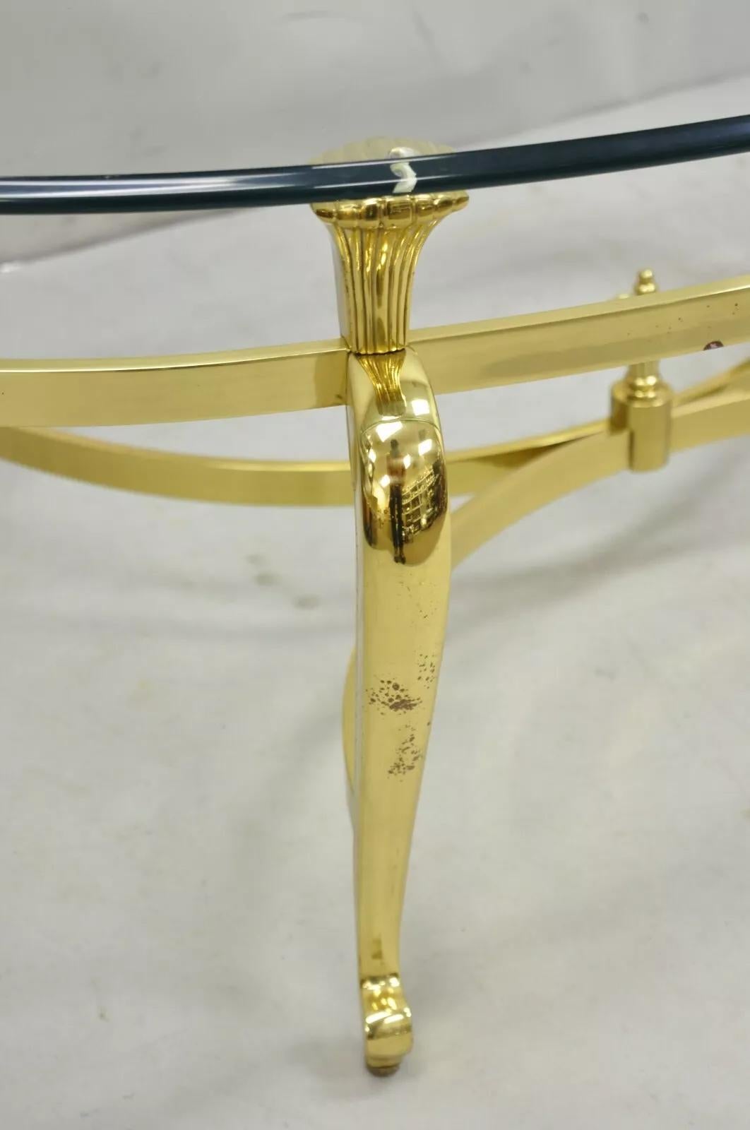 Vintage Brass Hollywood Regency Oval Glass Top Cabriole Leg Coffee Table 5