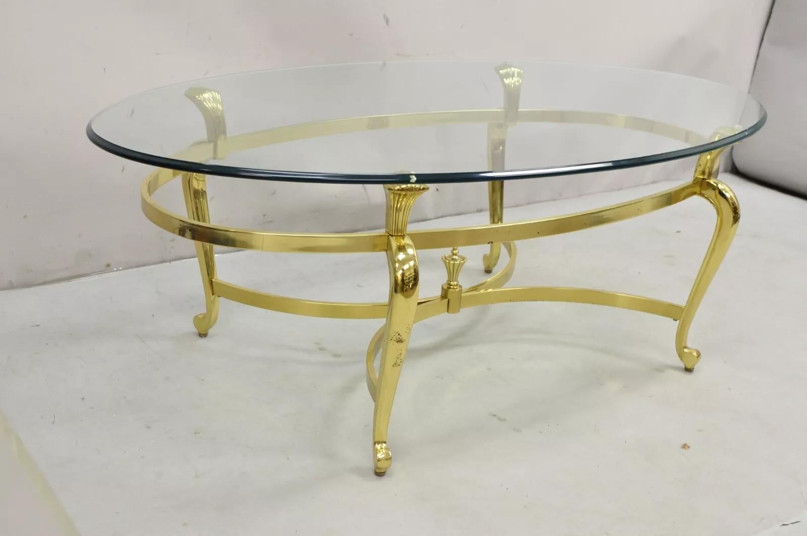 Vintage Brass Hollywood Regency Oval Glass Top Cabriole Leg Coffee Table 7