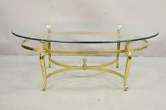 Vintage Brass Hollywood Regency Oval Glass Top Cabriole Leg Coffee Table
