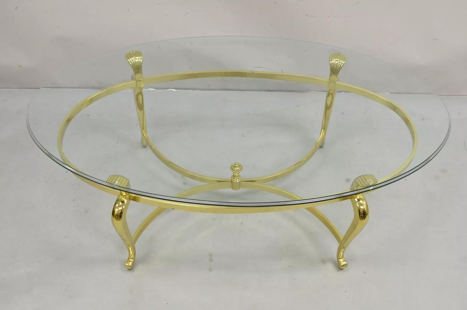 Unknown Vintage Brass Hollywood Regency Oval Glass Top Cabriole Leg Coffee Table