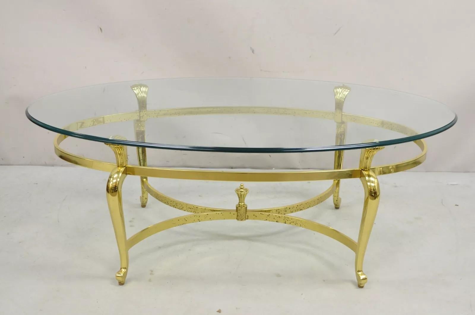 20th Century Vintage Brass Hollywood Regency Oval Glass Top Cabriole Leg Coffee Table For Sale