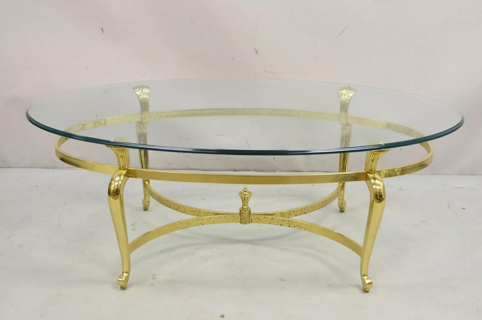 20th Century Vintage Brass Hollywood Regency Oval Glass Top Cabriole Leg Coffee Table