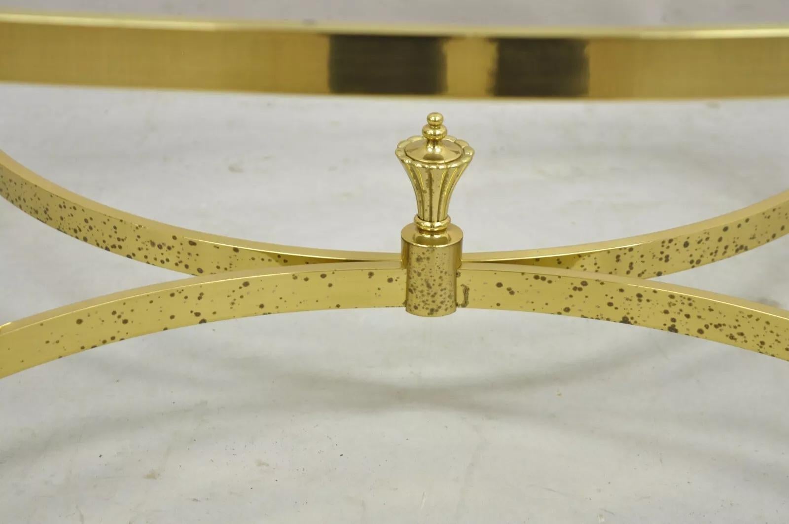 Vintage Brass Hollywood Regency Oval Glass Top Cabriole Leg Coffee Table 1