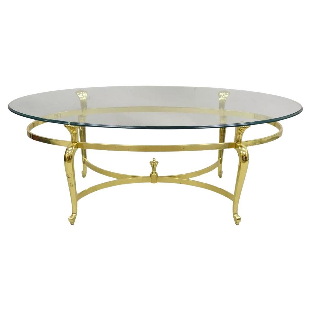 Vintage Brass Hollywood Regency Oval Glass Top Cabriole Leg Coffee Table For Sale