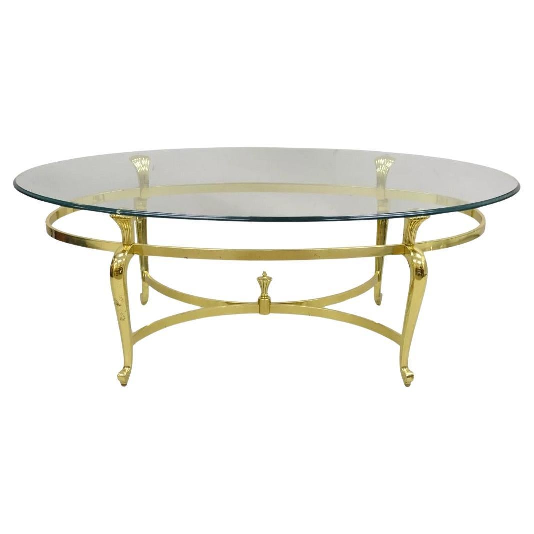 Vintage Brass Hollywood Regency Oval Glass Top Cabriole Leg Coffee Table