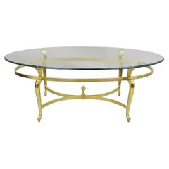 Retro Brass Hollywood Regency Oval Glass Top Cabriole Leg Coffee Table
