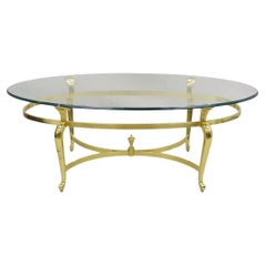 Vintage Brass Hollywood Regency Oval Glass Top Cabriole Leg Coffee Table