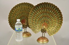 Vintage Brass Hollywood Regency Red Green Painted Peacock Figurines, a Pair