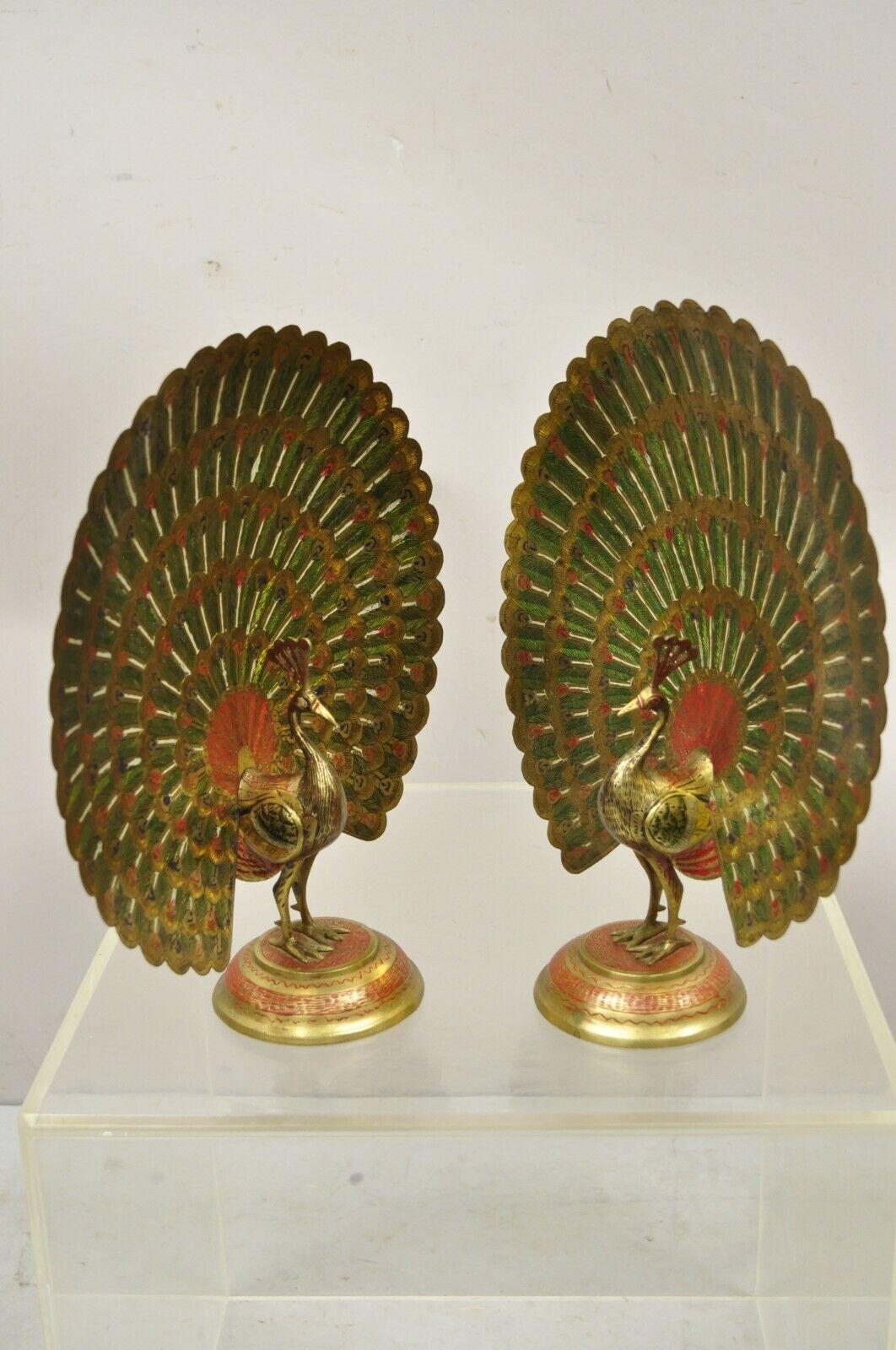 20th Century Vintage Brass Hollywood Regency Red Green Painted Peacock Figurines, a Pair