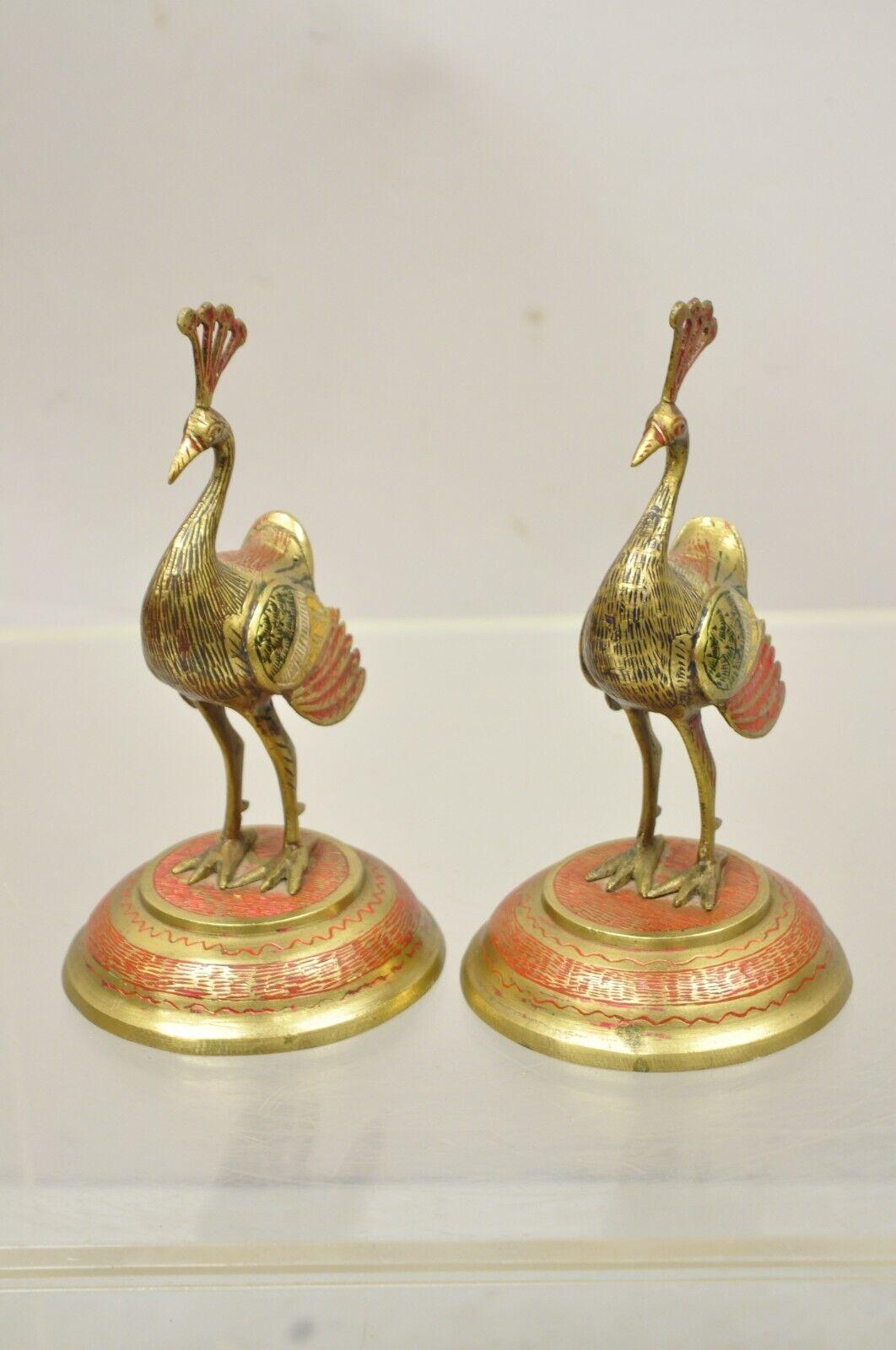 Vintage Brass Hollywood Regency Red Green Painted Peacock Figurines, a Pair 2