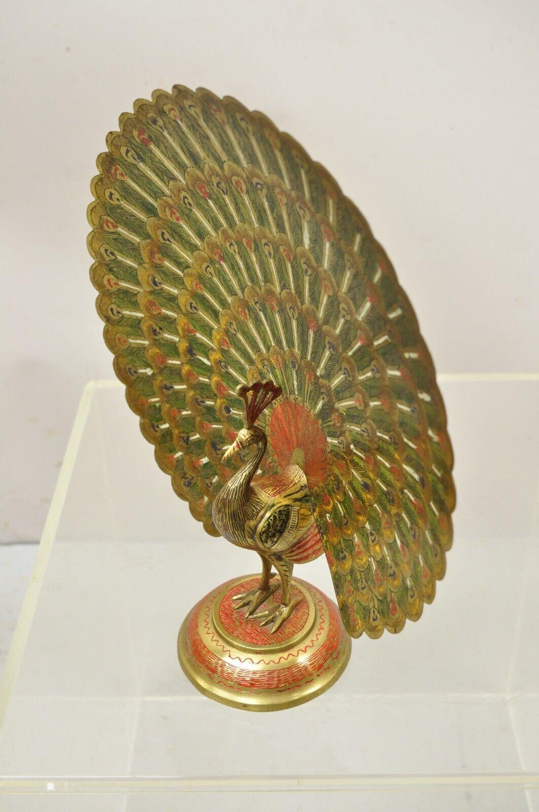 Vintage Brass Hollywood Regency Red Green Painted Peacock Figurines, a Pair 4