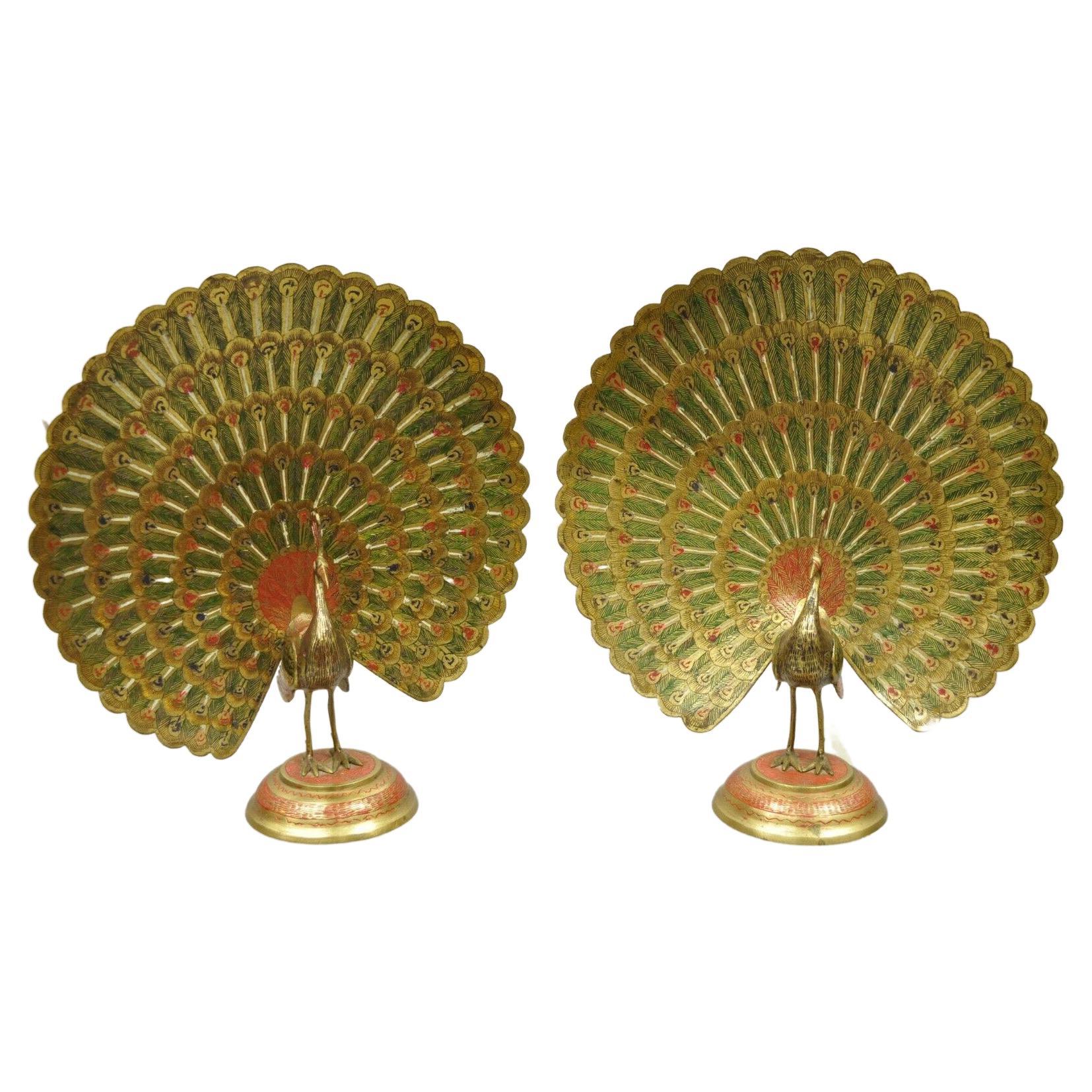 Vintage Brass Hollywood Regency Red Green Painted Peacock Figurines, a Pair