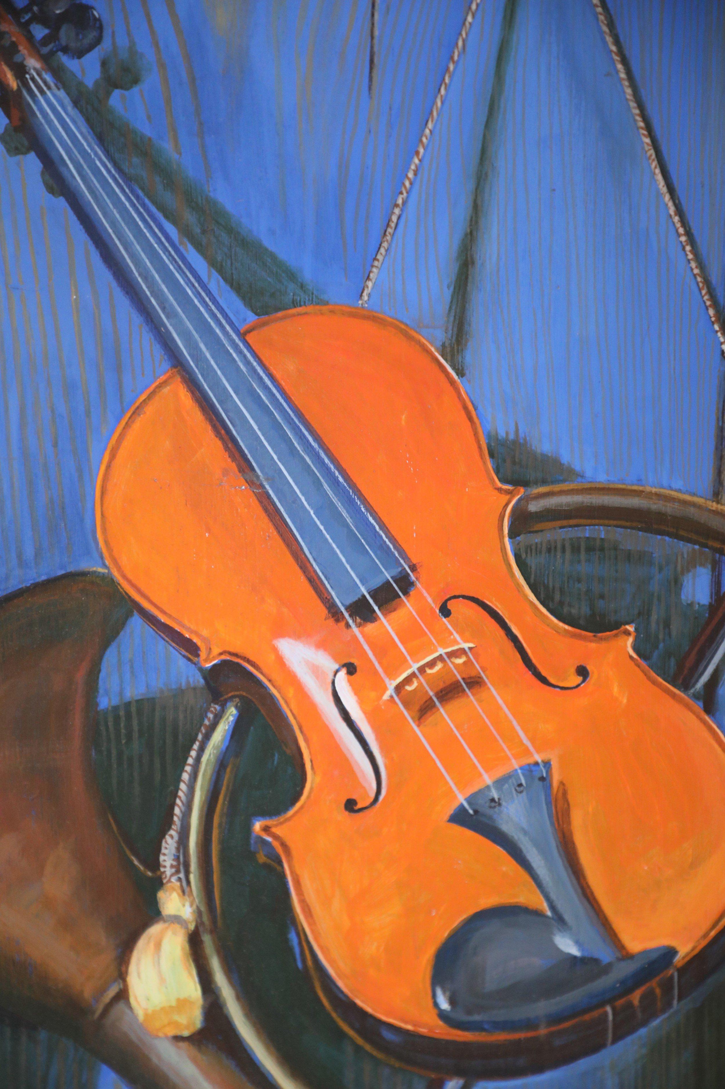 Mid-Century Modern Vintage Brass Horn and Violin Still Life Painting on Wood For Sale
