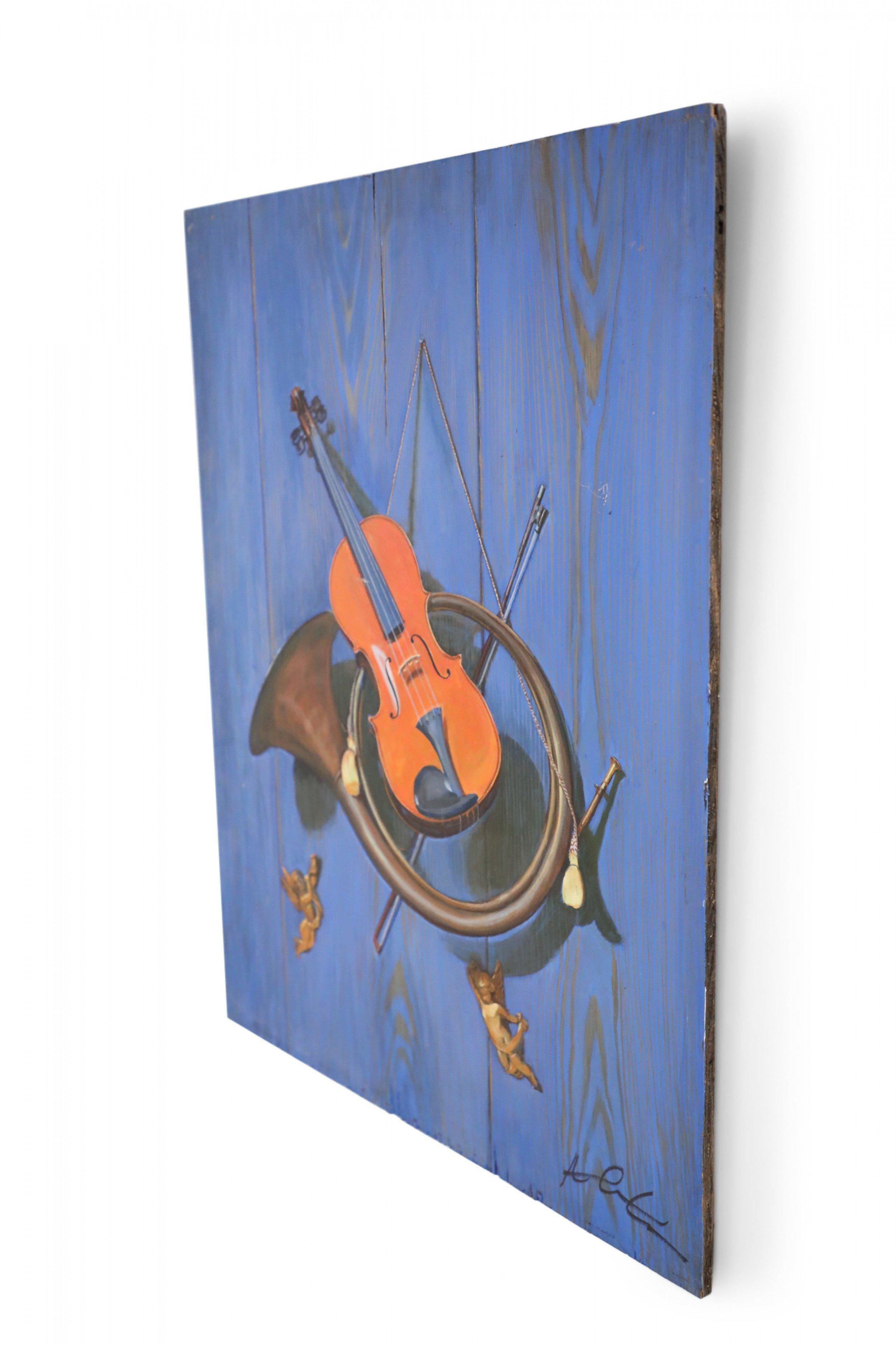 Vintage Brass Horn and Violin Still Life Painting on Wood In Good Condition For Sale In New York, NY