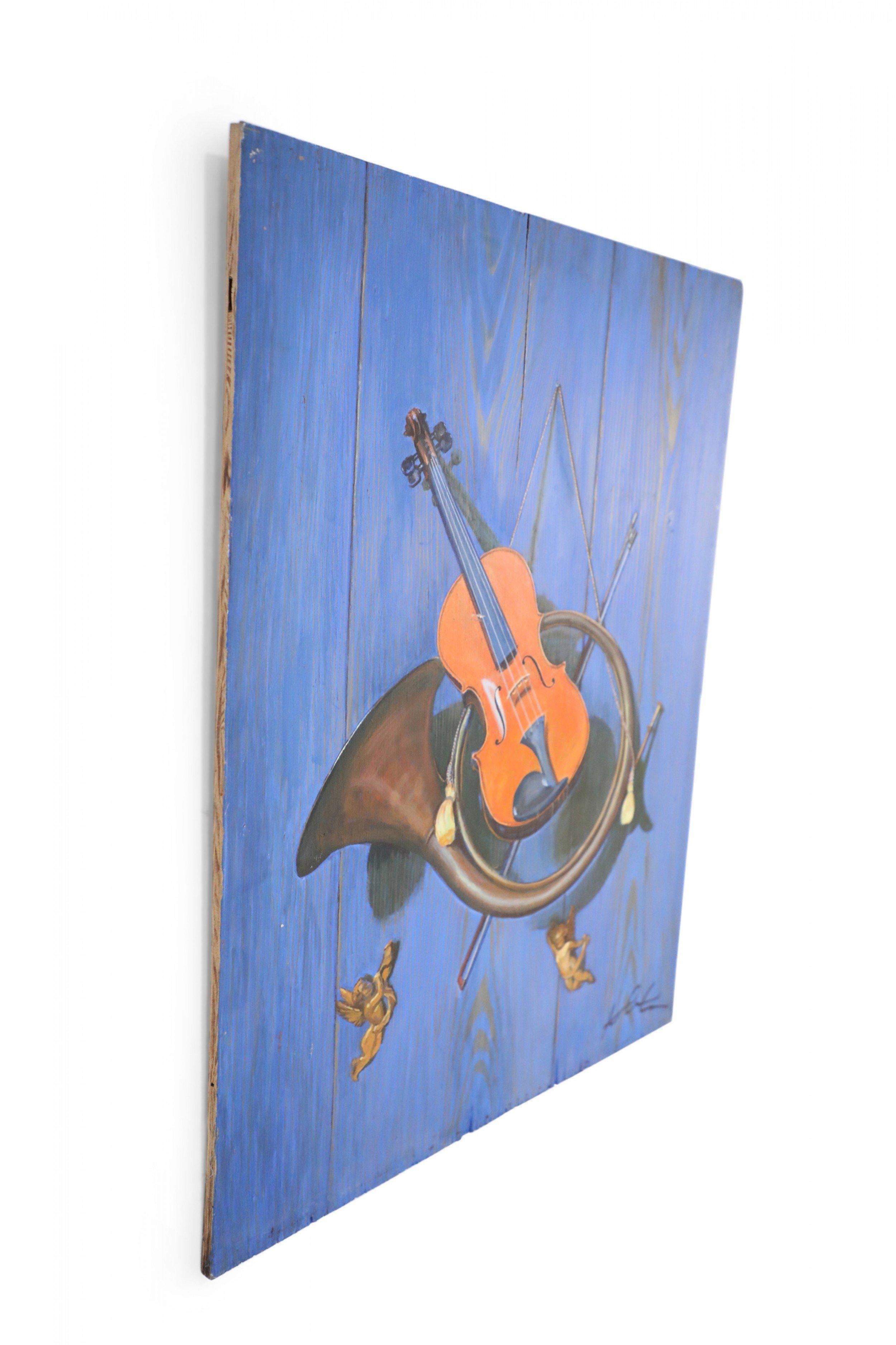 Vintage Brass Horn and Violin Still Life Painting on Wood For Sale 2