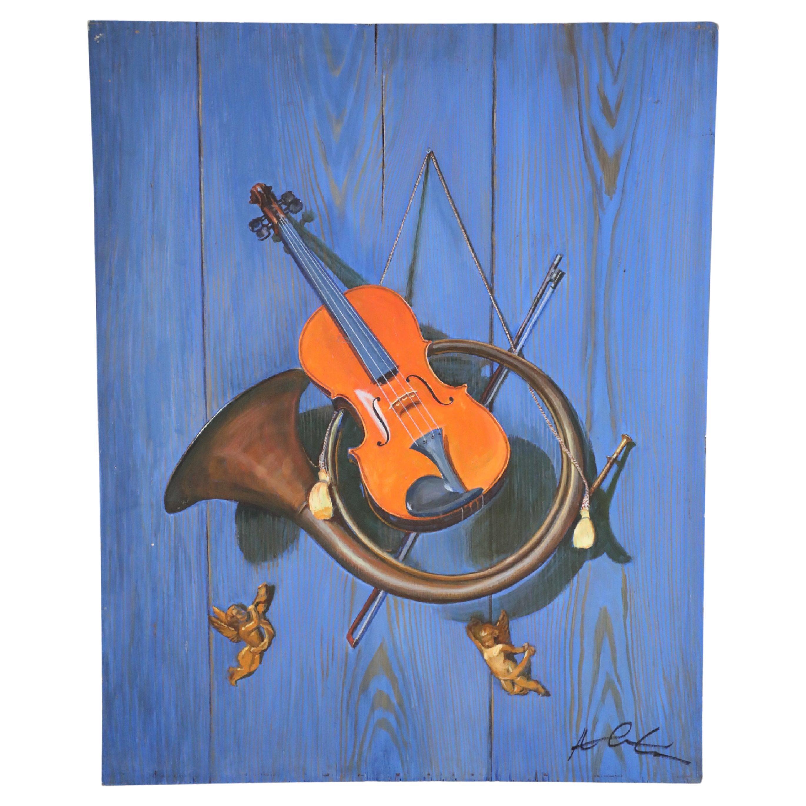 Vintage Brass Horn and Violin Still Life Painting on Wood For Sale