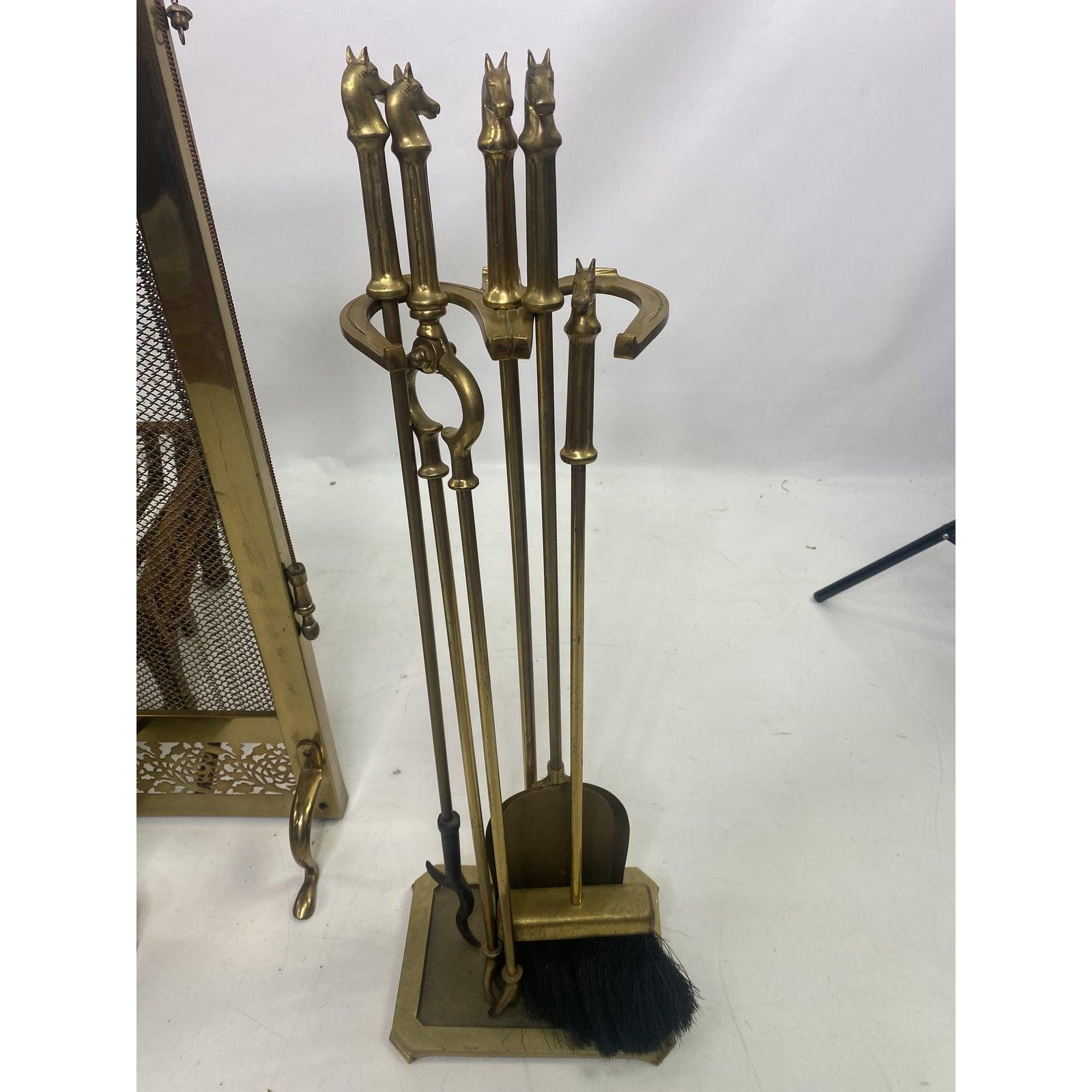 Vintage brass horse andirons, screen, log holder and tools - complete set

Measures: Screen: 31.25” H x 38” W x 5.5” D
Andirons 17.25” H x 4.25” W x 21” D
Log holder 8.5” H x 24” W x 15.25” D.