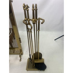 Vintage Brass Horse Andirons, Screen, Log Holder and Tools, Complete Set
