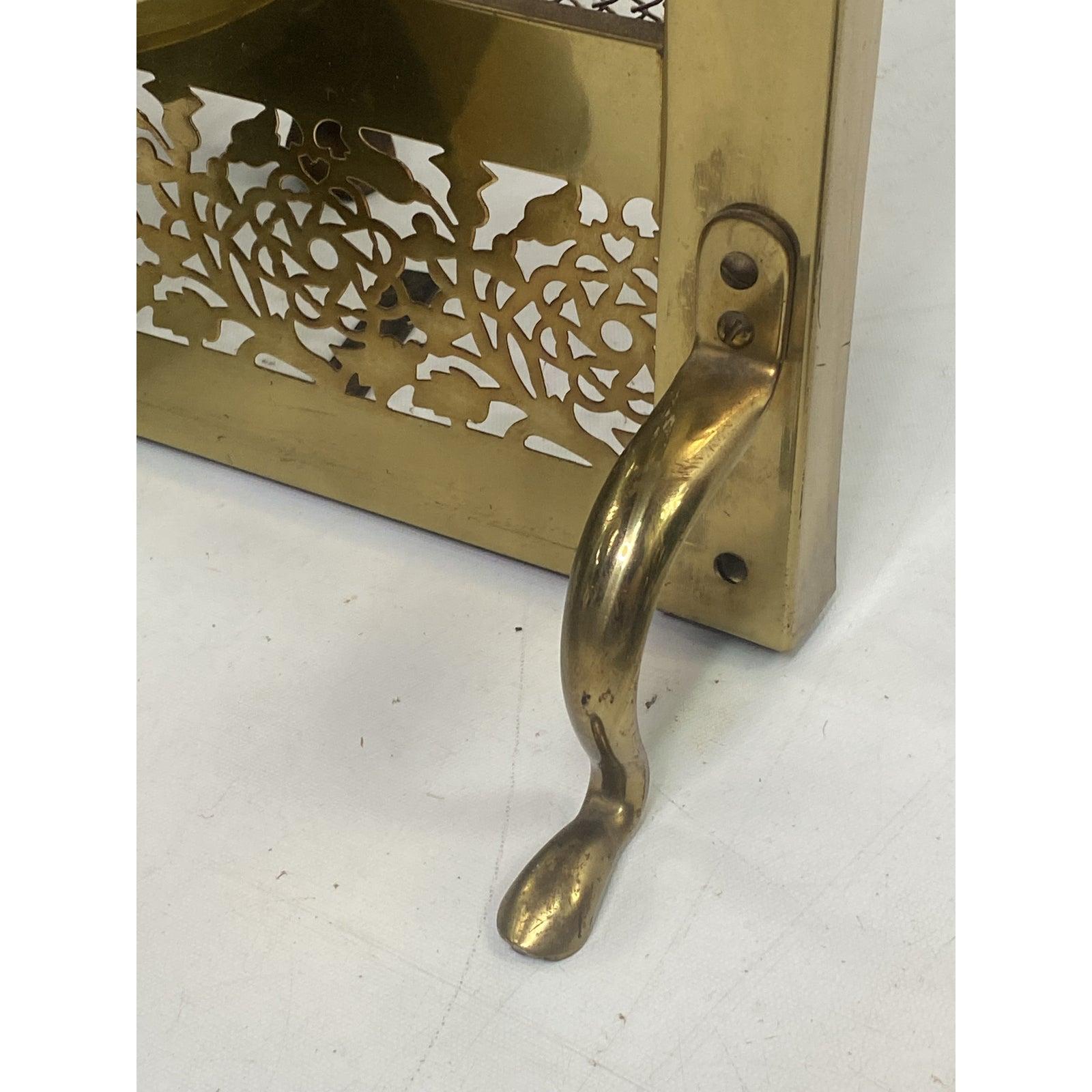 Mid-Century Modern Vintage Brass Horse Andirons, Screen, Log Holder and Tools, Complete Set For Sale