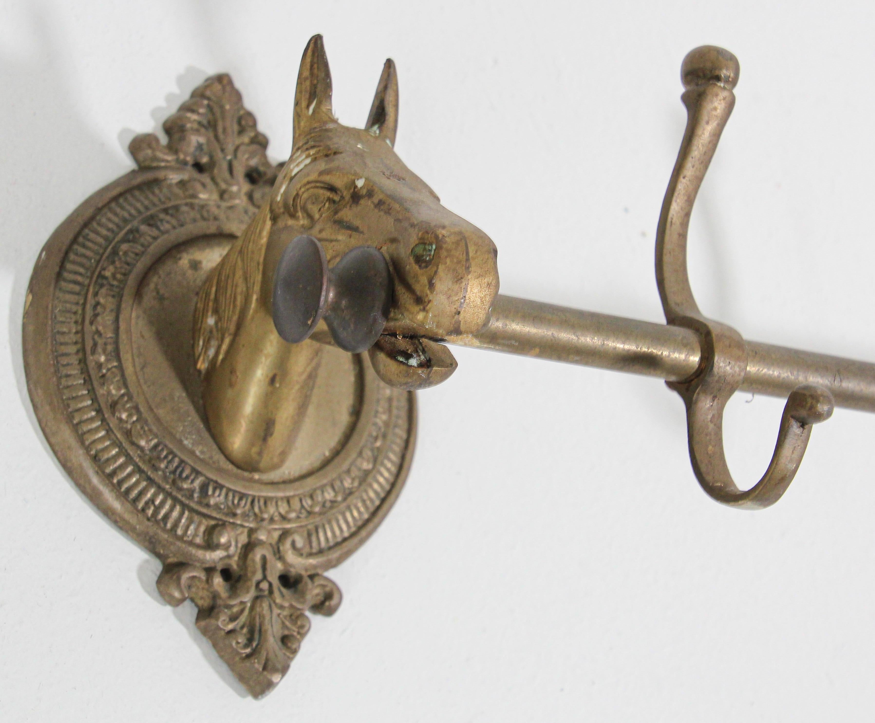 Folk Art Vintage Brass Horse Head Coat Rack with Hooks